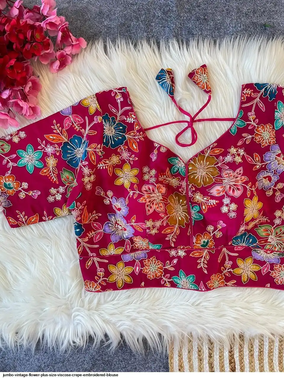 JUMBO Vintage Flower Plus Size Viscose Crepe Embroidered Blouse