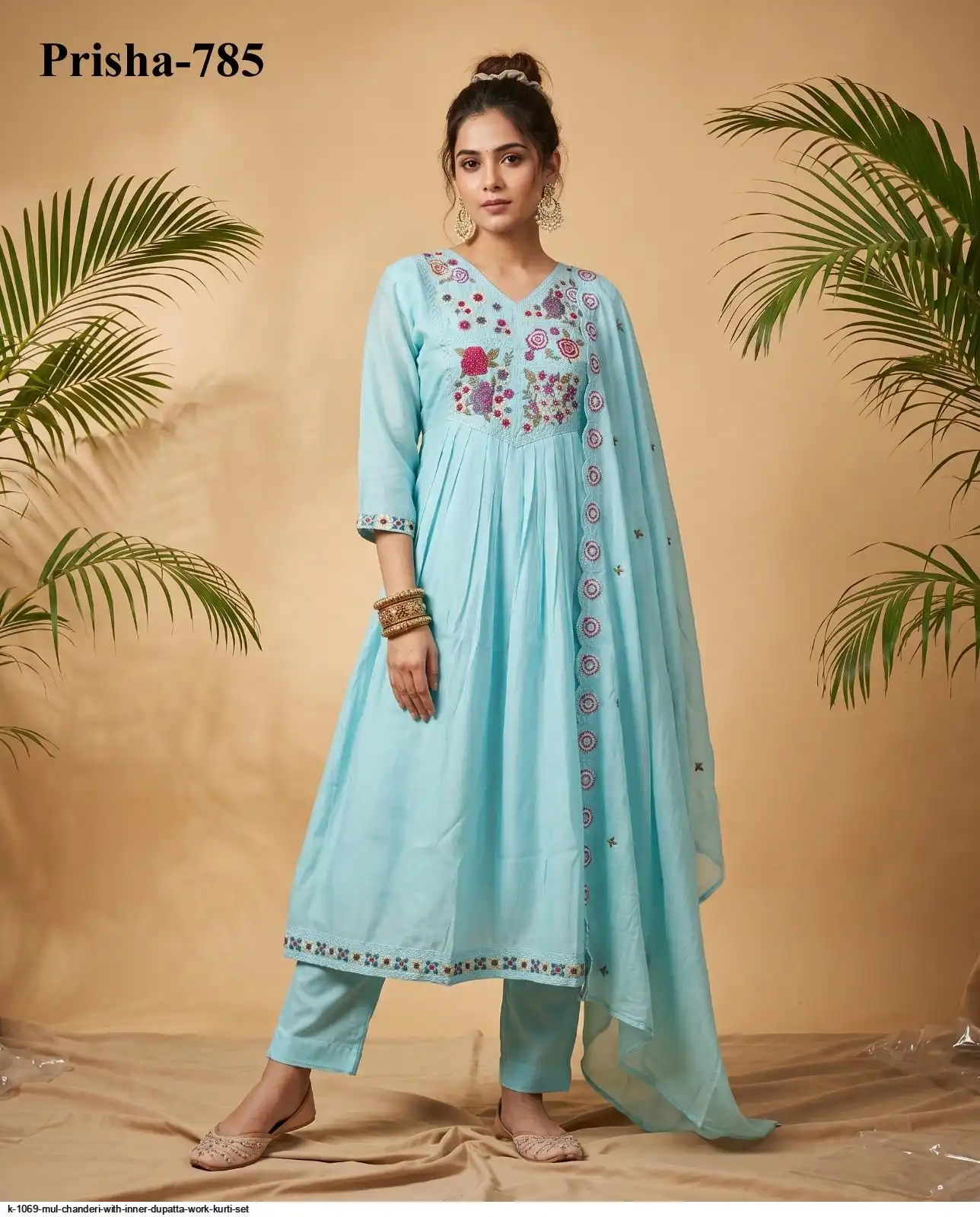 K 1069 MUL CHANDERI WITH INNER DUPATTA WORK KURTI SET 2