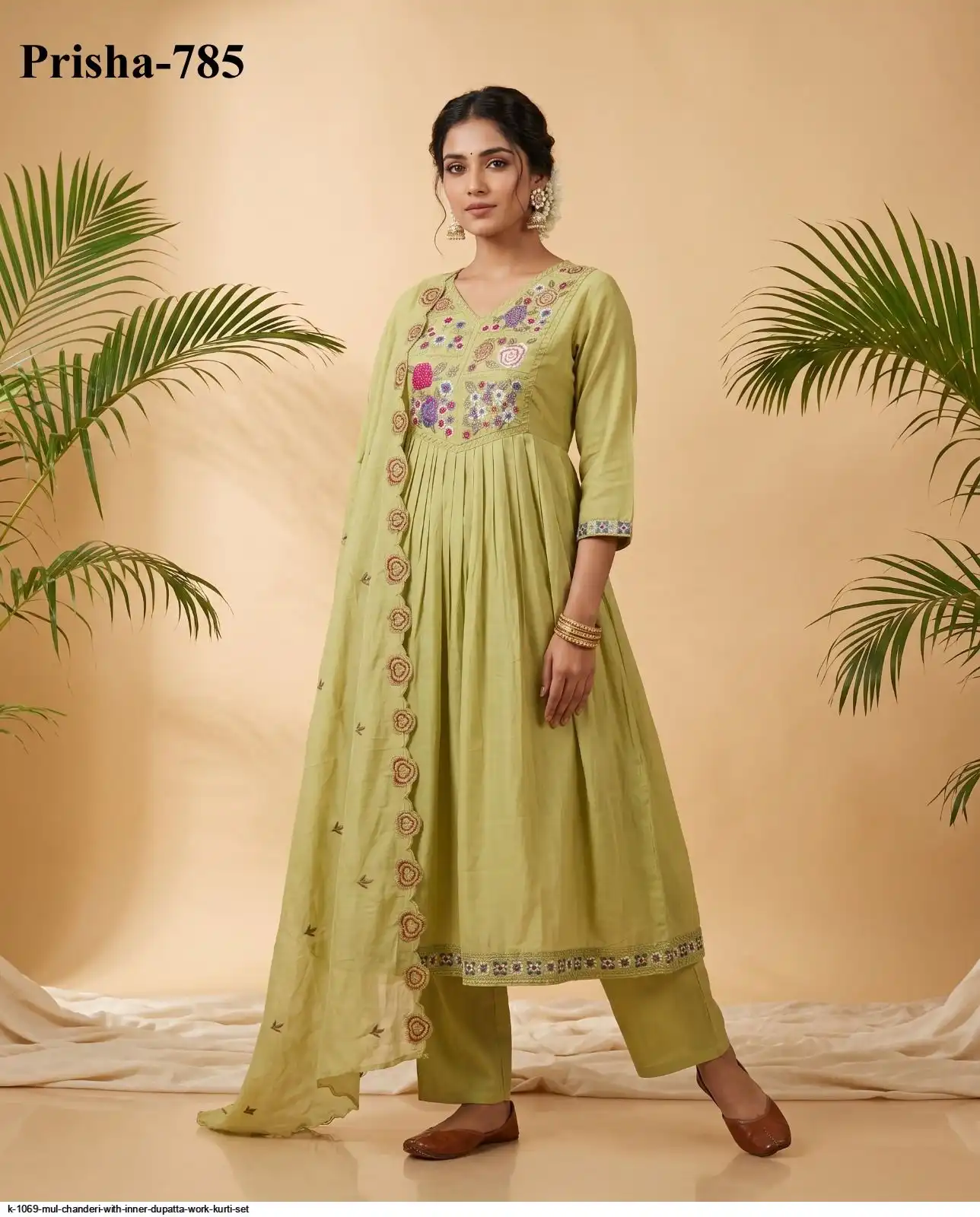 K 1069 MUL CHANDERI WITH INNER DUPATTA WORK KURTI SET 3