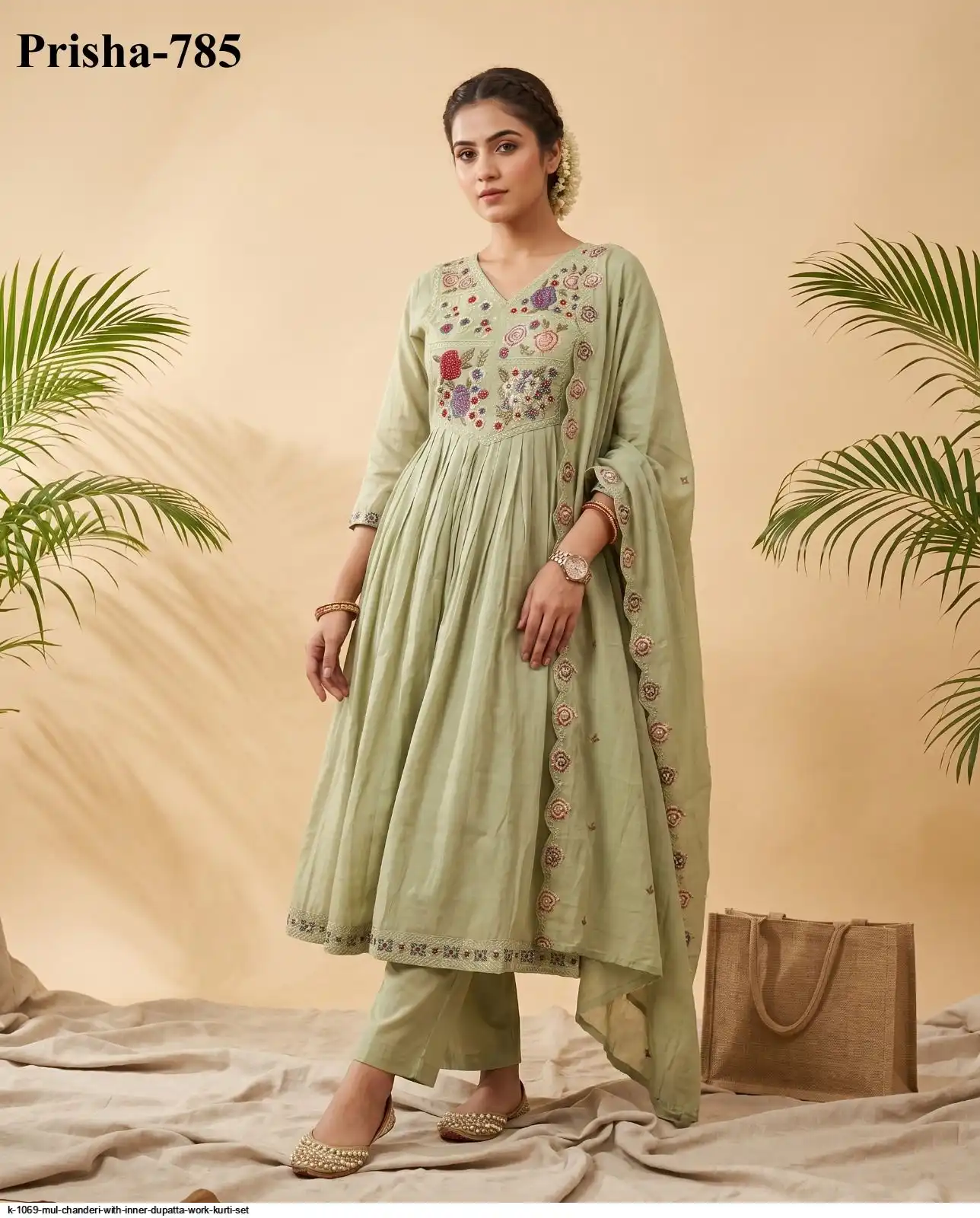 K 1069 MUL CHANDERI WITH INNER DUPATTA WORK KURTI SET 4