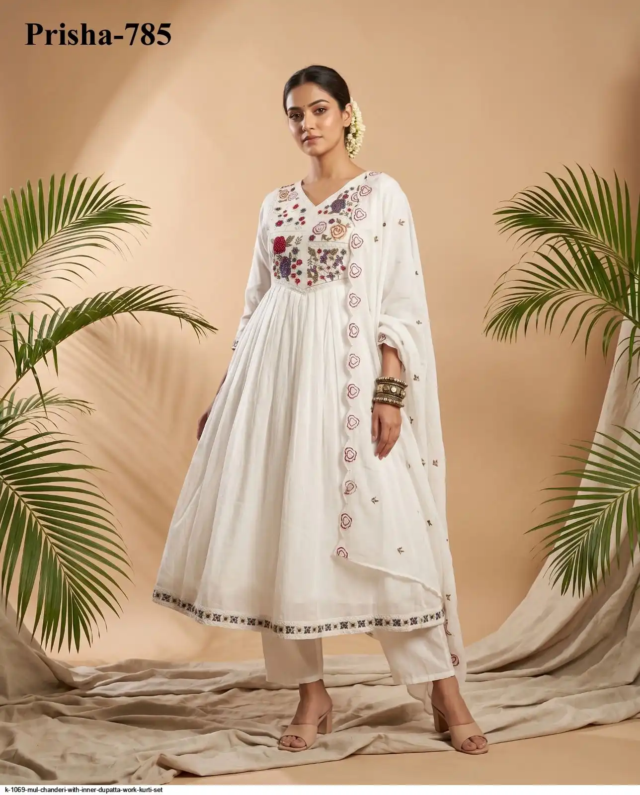 K 1069 MUL CHANDERI WITH INNER DUPATTA WORK KURTI SET 5