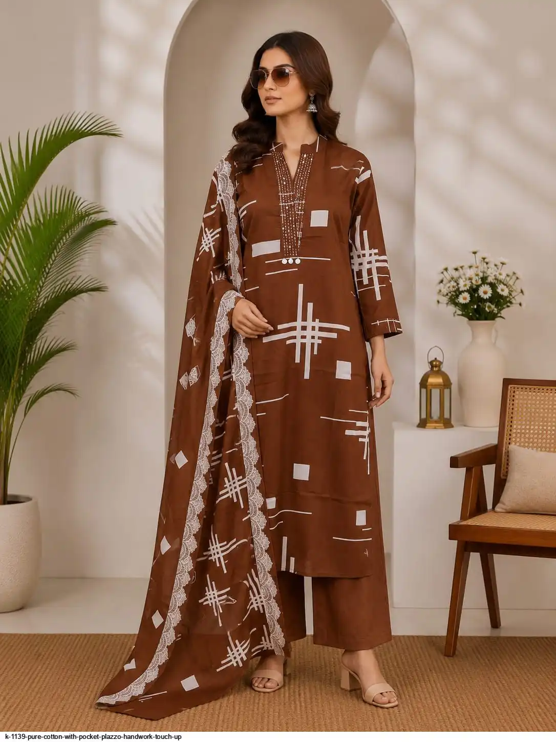 K 1139 PURE COTTON WITH POCKET PLAZZO HANDWORK TOUCH UP A