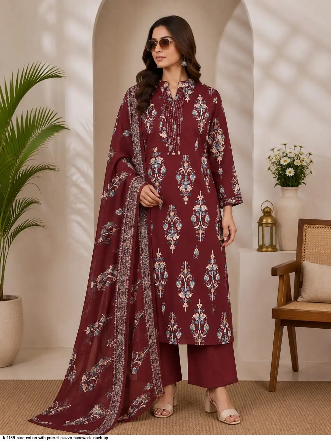 K 1139 PURE COTTON WITH POCKET PLAZZO HANDWORK TOUCH UP B