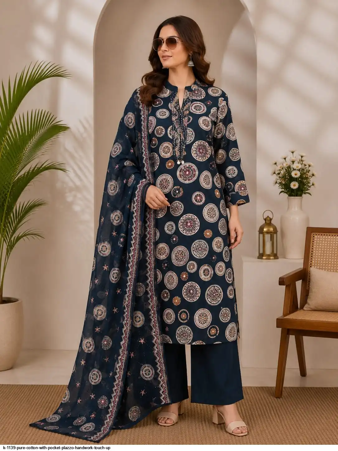 K 1139 PURE COTTON WITH POCKET PLAZZO HANDWORK TOUCH UP C