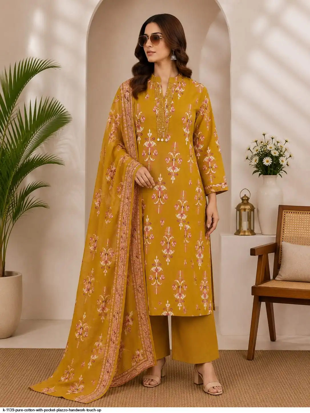 K 1139 PURE COTTON WITH POCKET PLAZZO HANDWORK TOUCH UP D