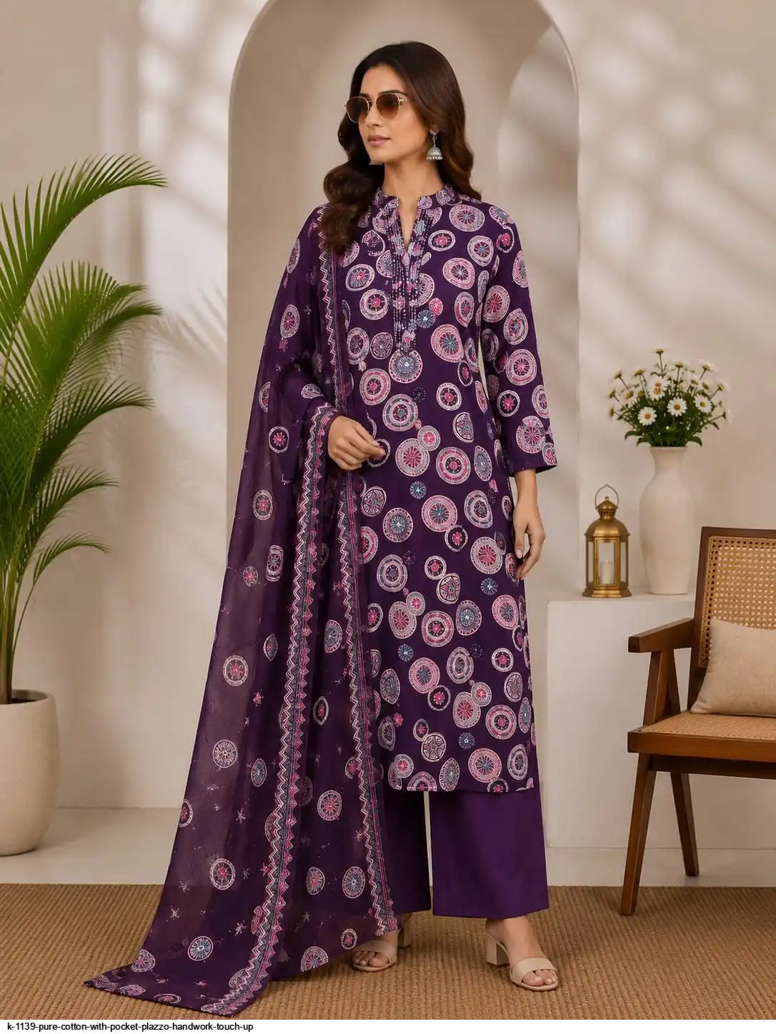 K 1139 PURE COTTON WITH POCKET PLAZZO HANDWORK TOUCH UP E