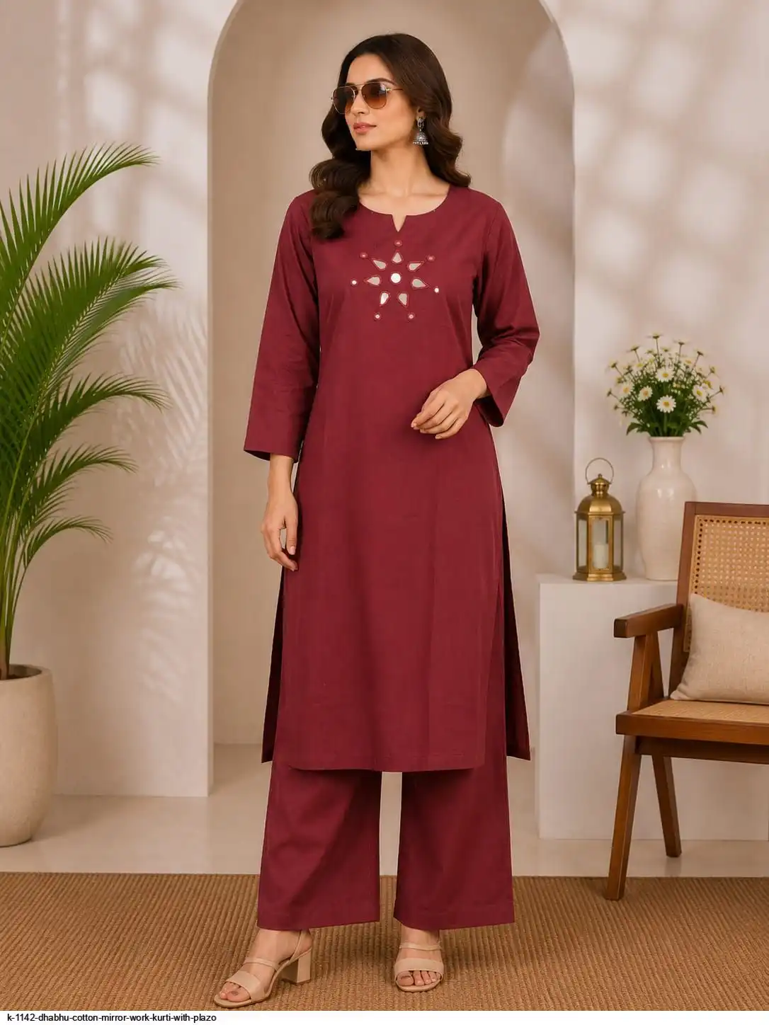 K 1142 DHABHU COTTON MIRROR WORK KURTI WITH PLAZO A
