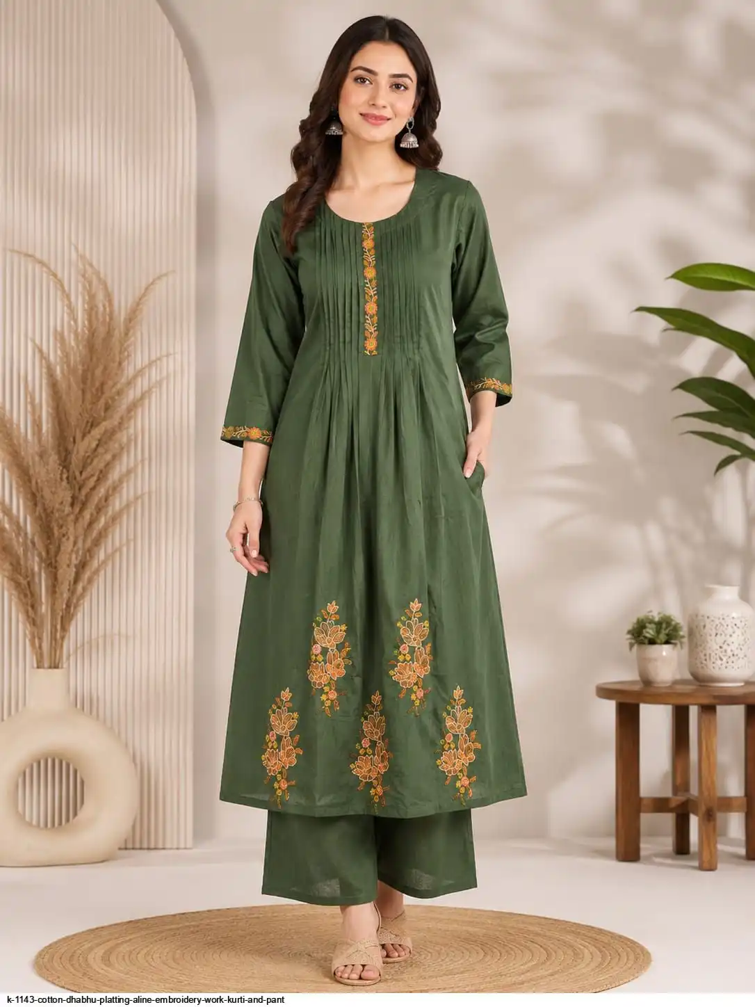 K 1143 COTTON DHABHU PLATTING ALINE EMBROIDERY WORK KURTI AND PANT A
