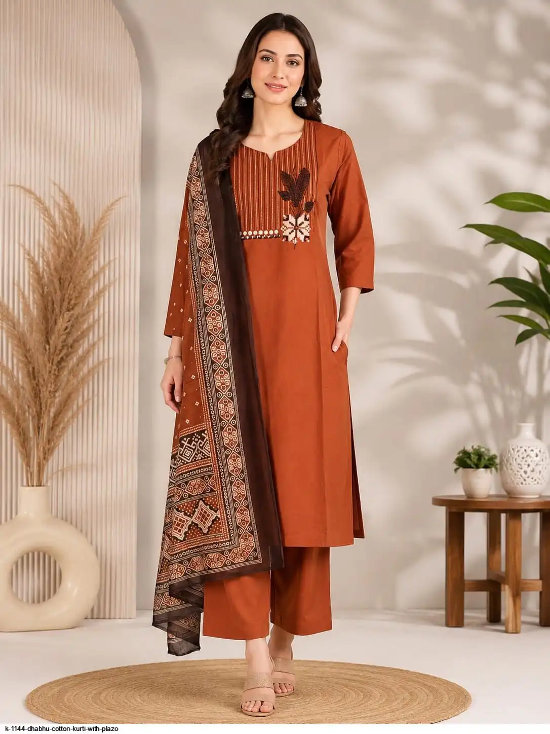 K 1144 DHABHU COTTON KURTI WITH PLAZO A