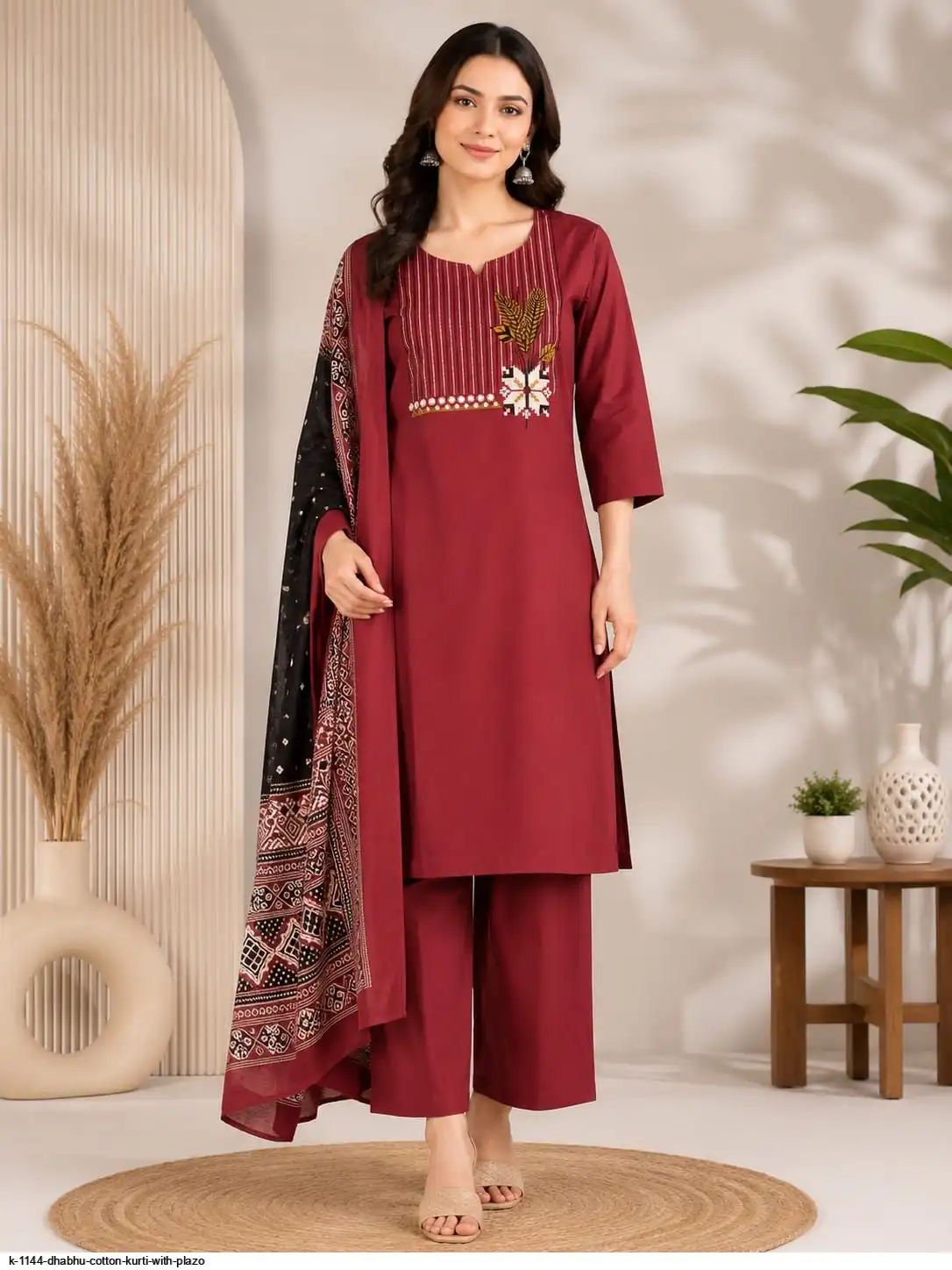 K 1144 DHABHU COTTON KURTI WITH PLAZO B