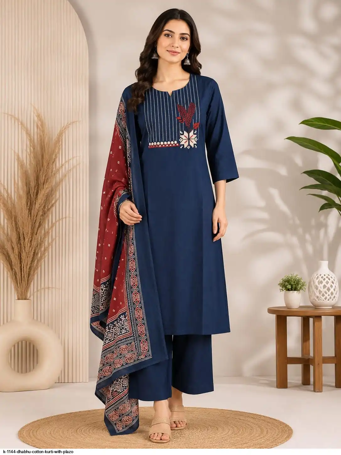 K 1144 DHABHU COTTON KURTI WITH PLAZO C