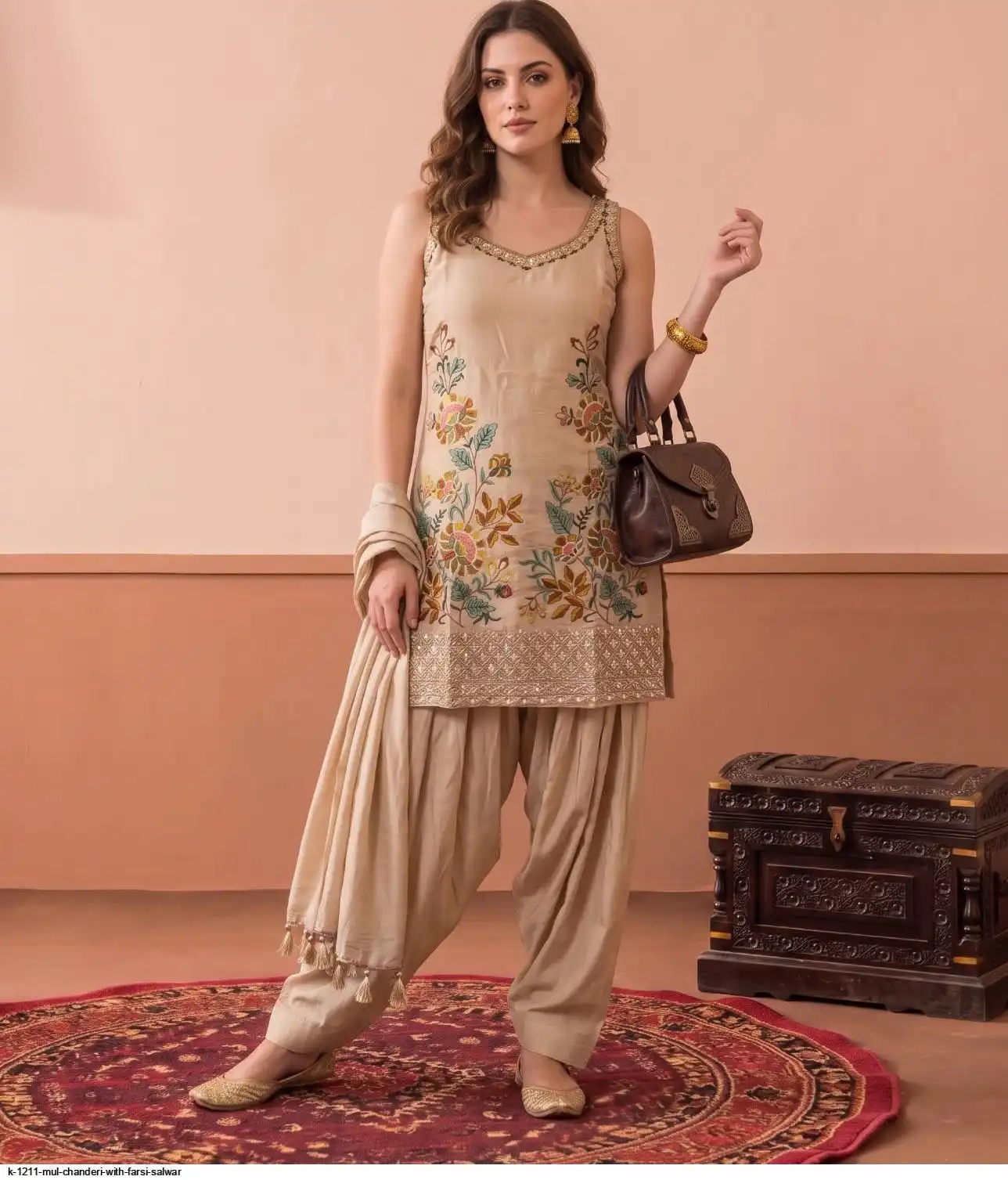 K 1211 MUL CHANDERI WITH FARSI SALWAR A