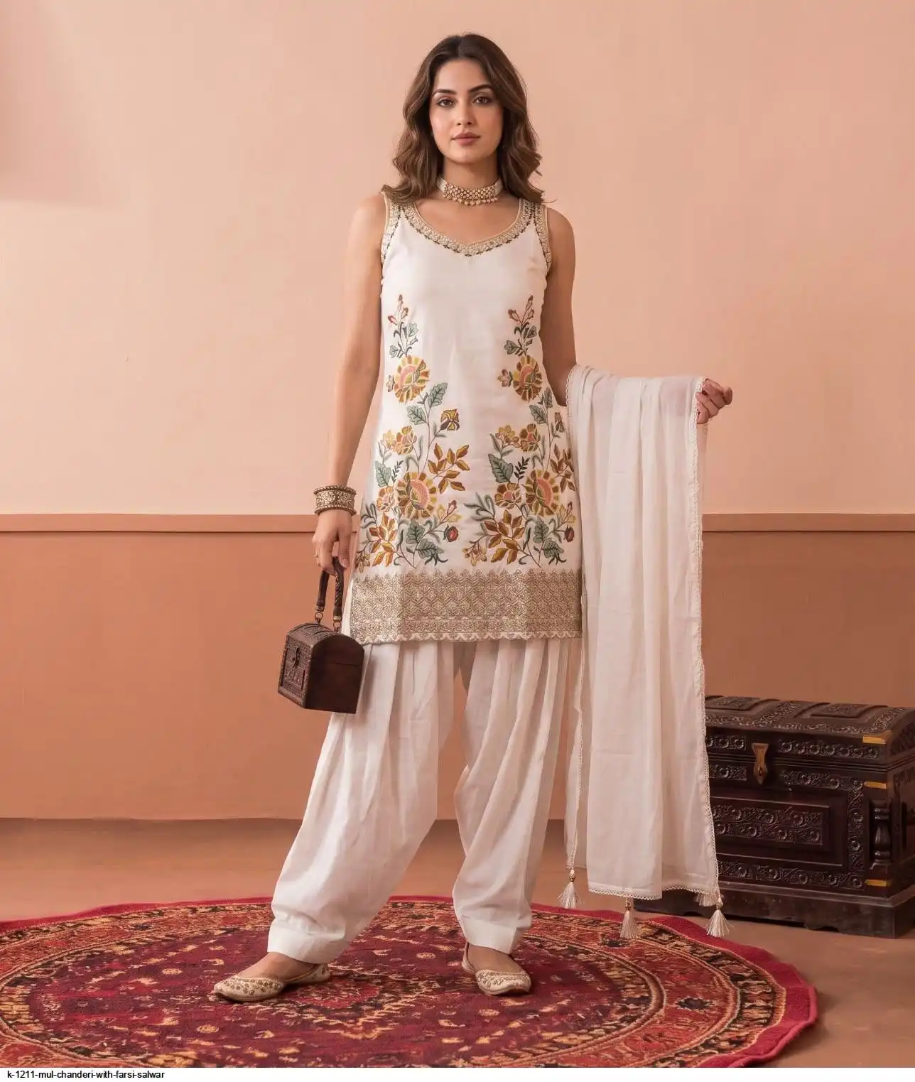 K 1211 MUL CHANDERI WITH FARSI SALWAR D
