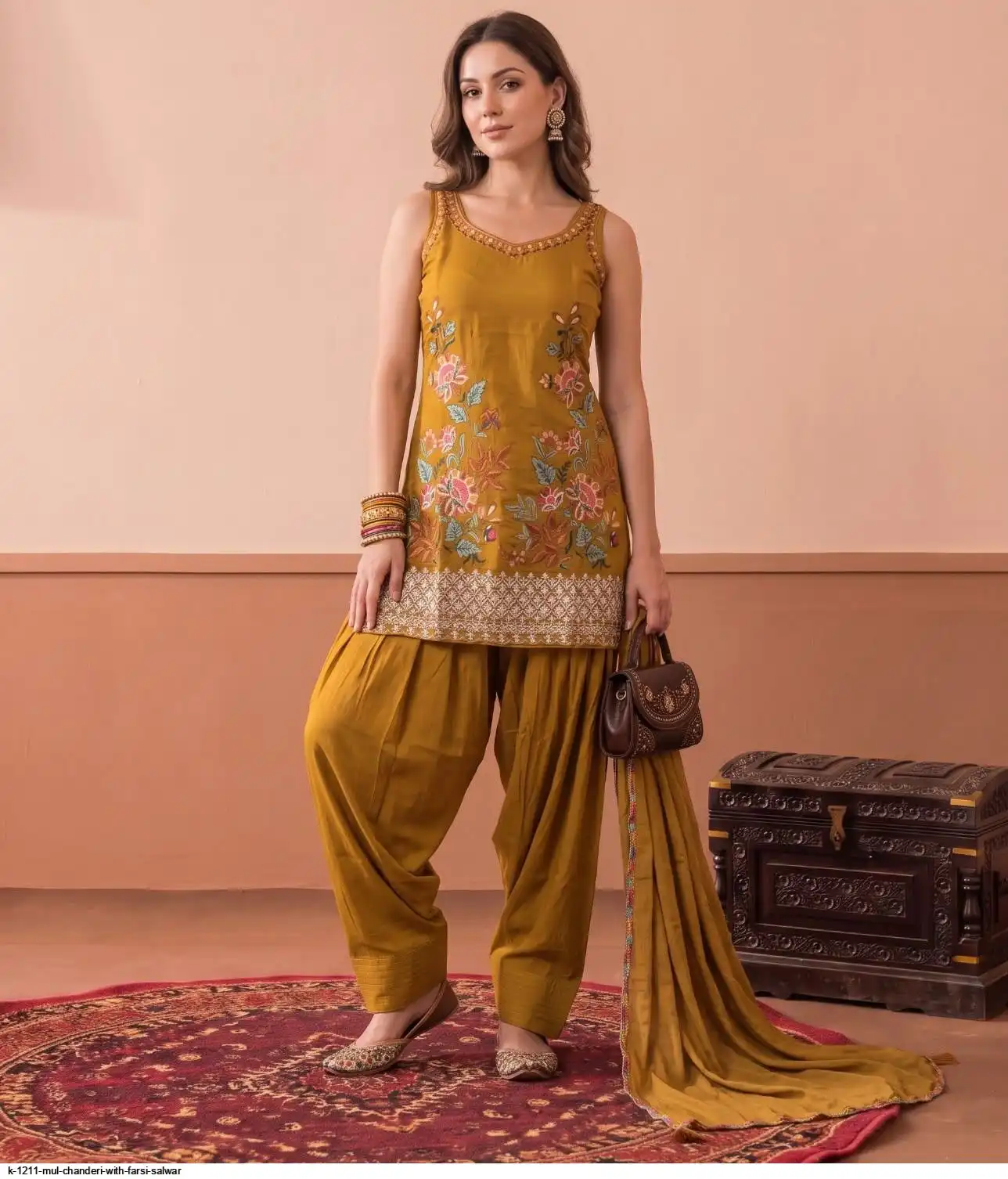 K 1211 MUL CHANDERI WITH FARSI SALWAR E
