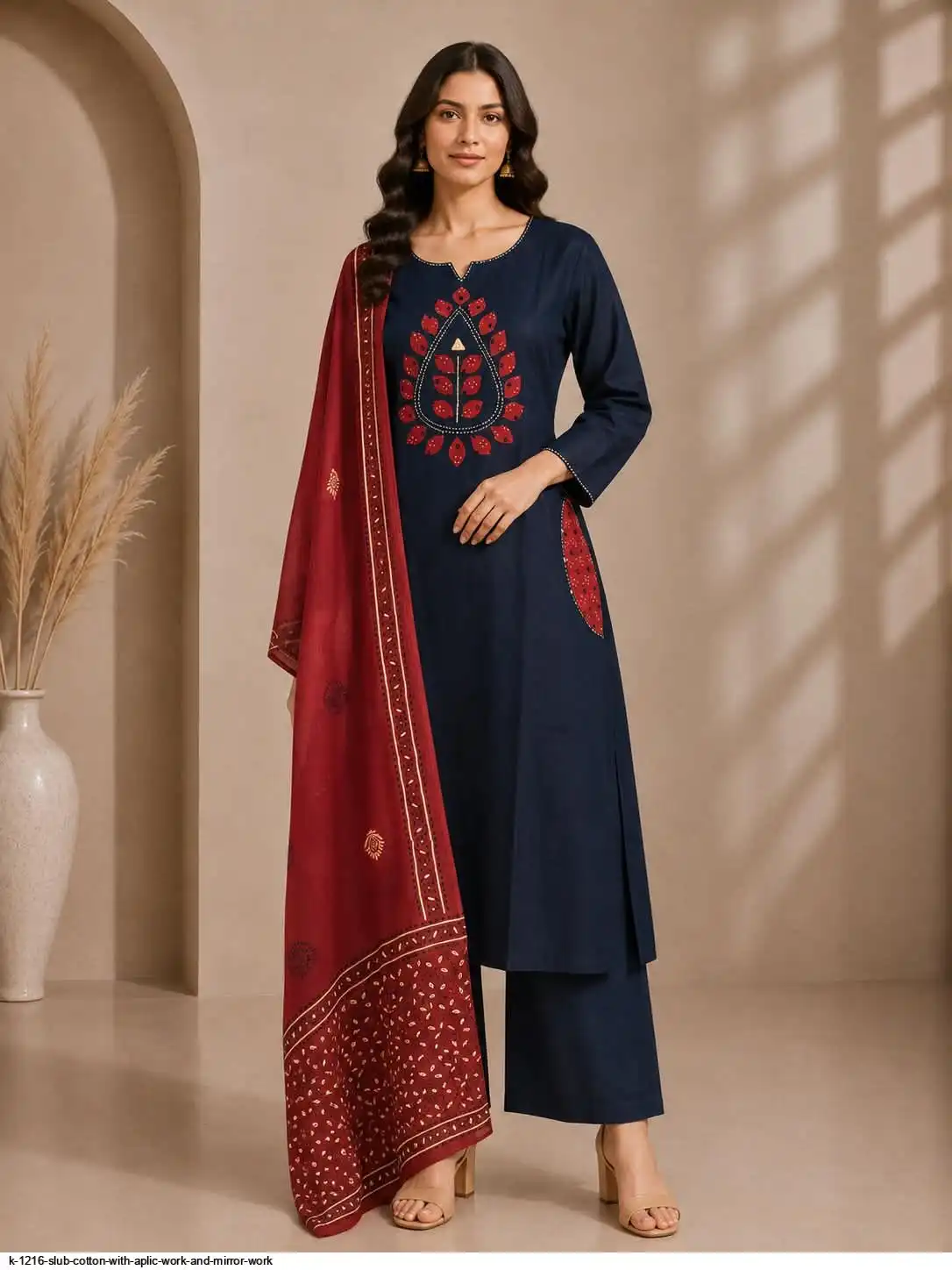 K 1216 SLUB COTTON WITH APLIC WORK AND MIRROR WORK B