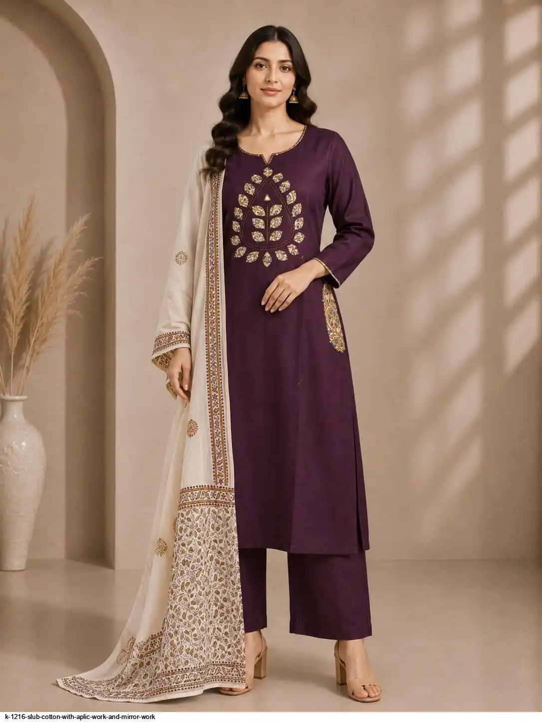 K 1216 SLUB COTTON WITH APLIC WORK AND MIRROR WORK D