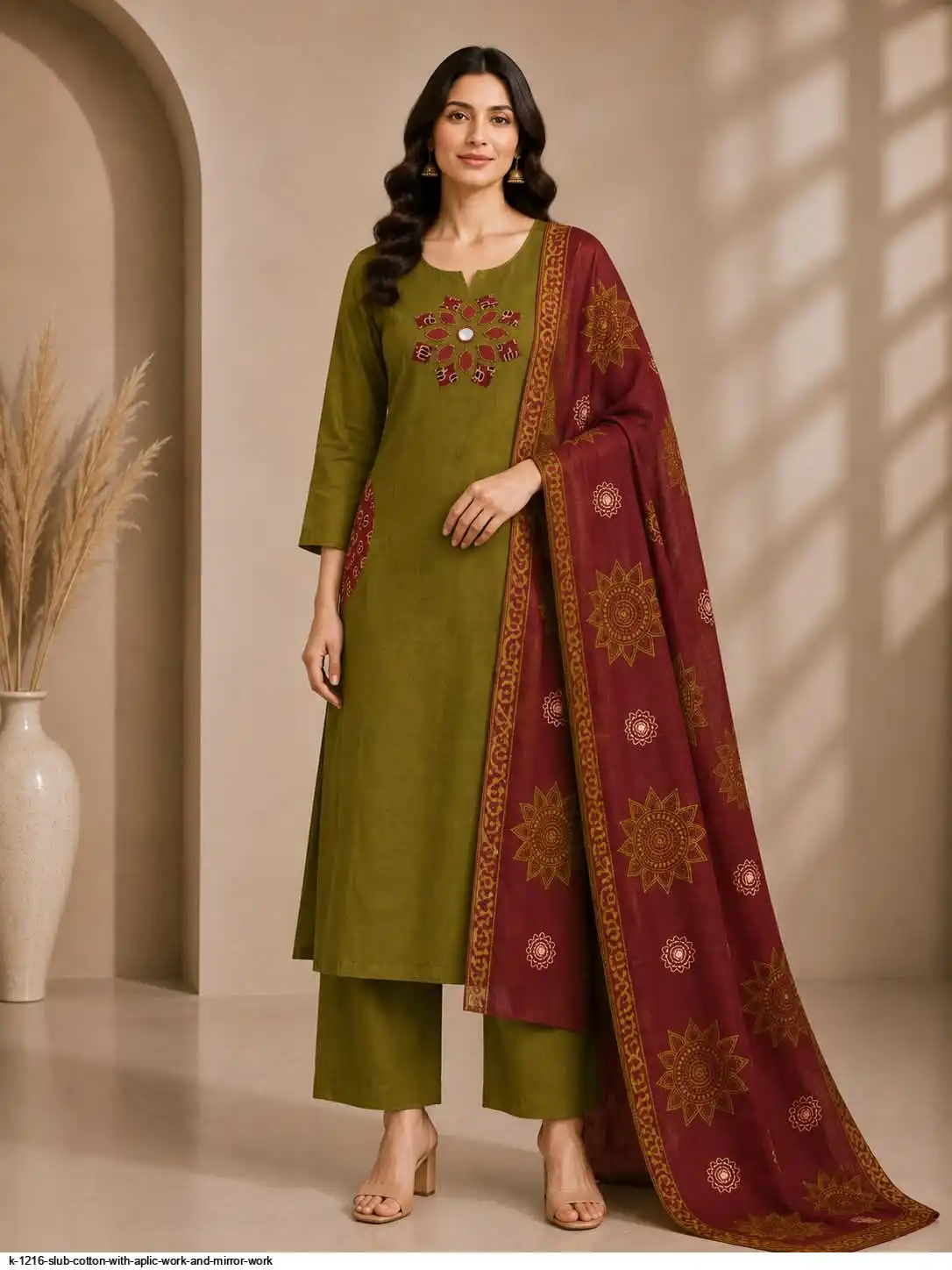 K 1216 SLUB COTTON WITH APLIC WORK AND MIRROR WORK C