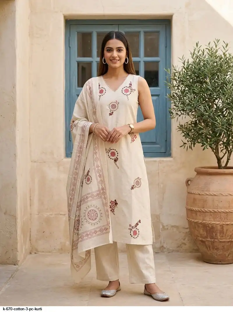 K 670 COTTON 3 PC KURTI N