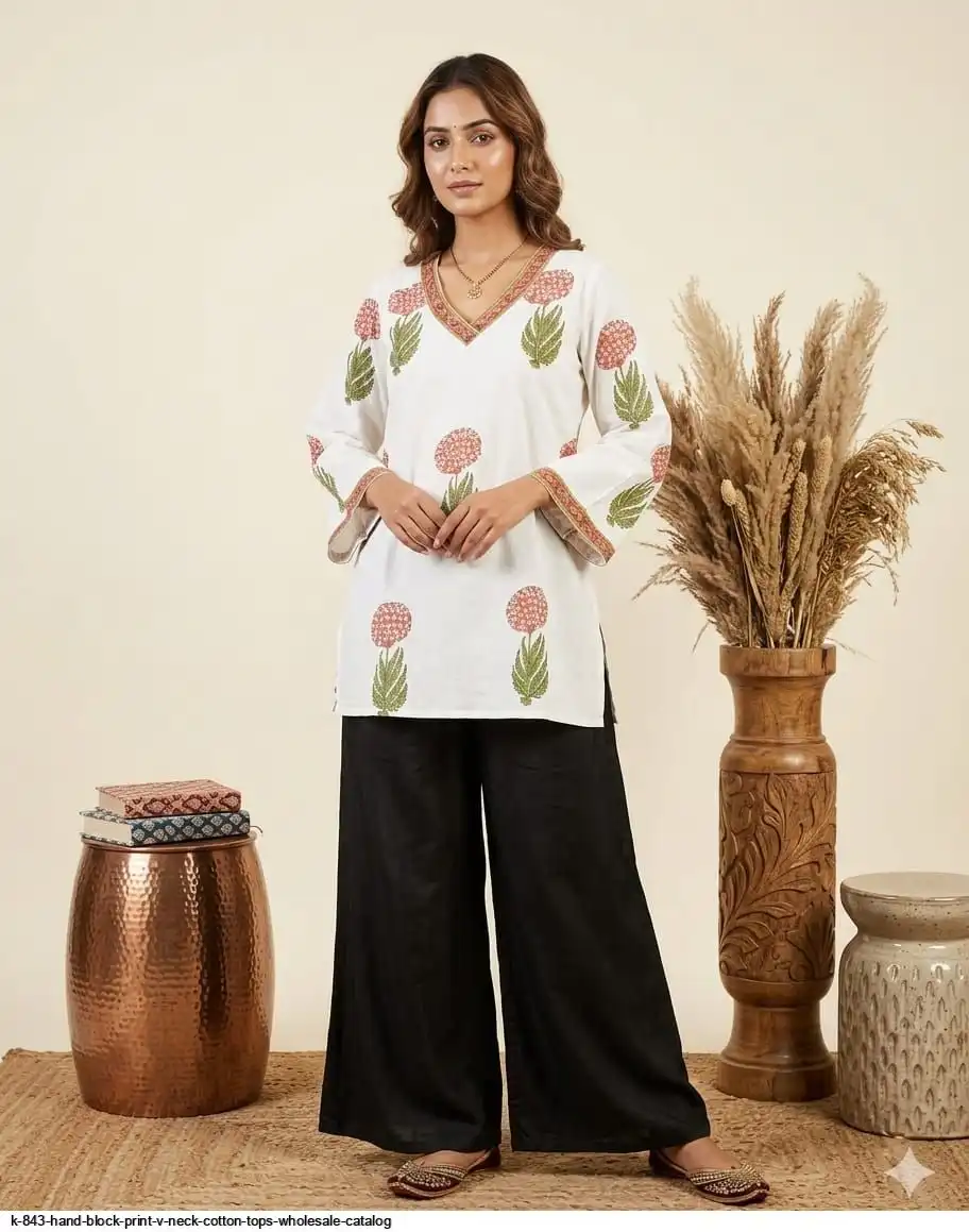 K 843 HAND BLOCK PRINT V NECK COTTON TOPS WHOLESALE CATALOG A