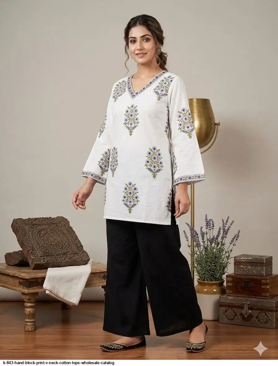 K 843 HAND BLOCK PRINT V NECK COTTON TOPS WHOLESALE CATALOG B