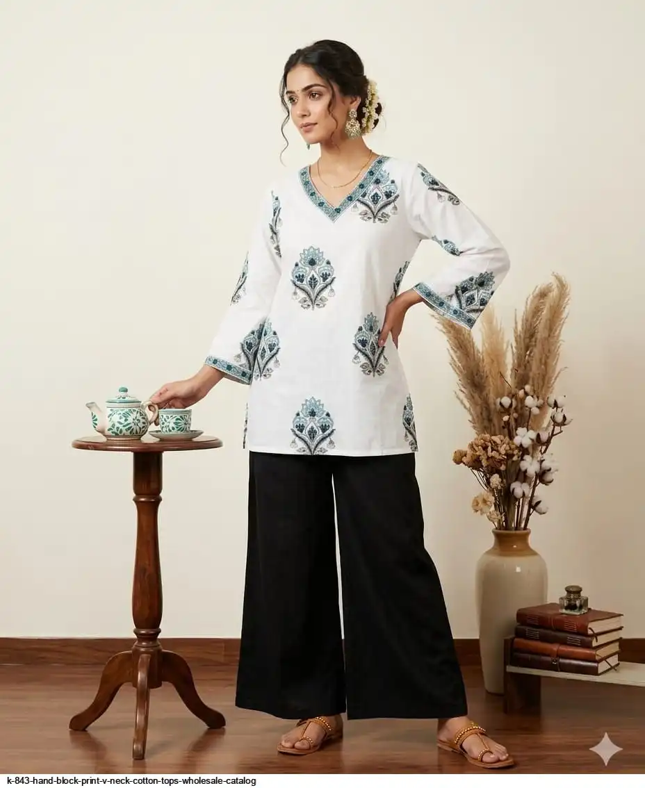 K 843 HAND BLOCK PRINT V NECK COTTON TOPS WHOLESALE CATALOG D