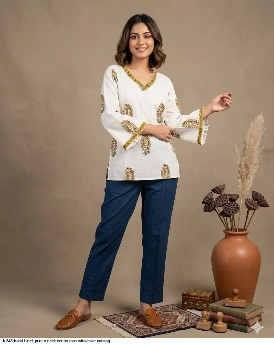 K 843 HAND BLOCK PRINT V NECK COTTON TOPS WHOLESALE CATALOG C