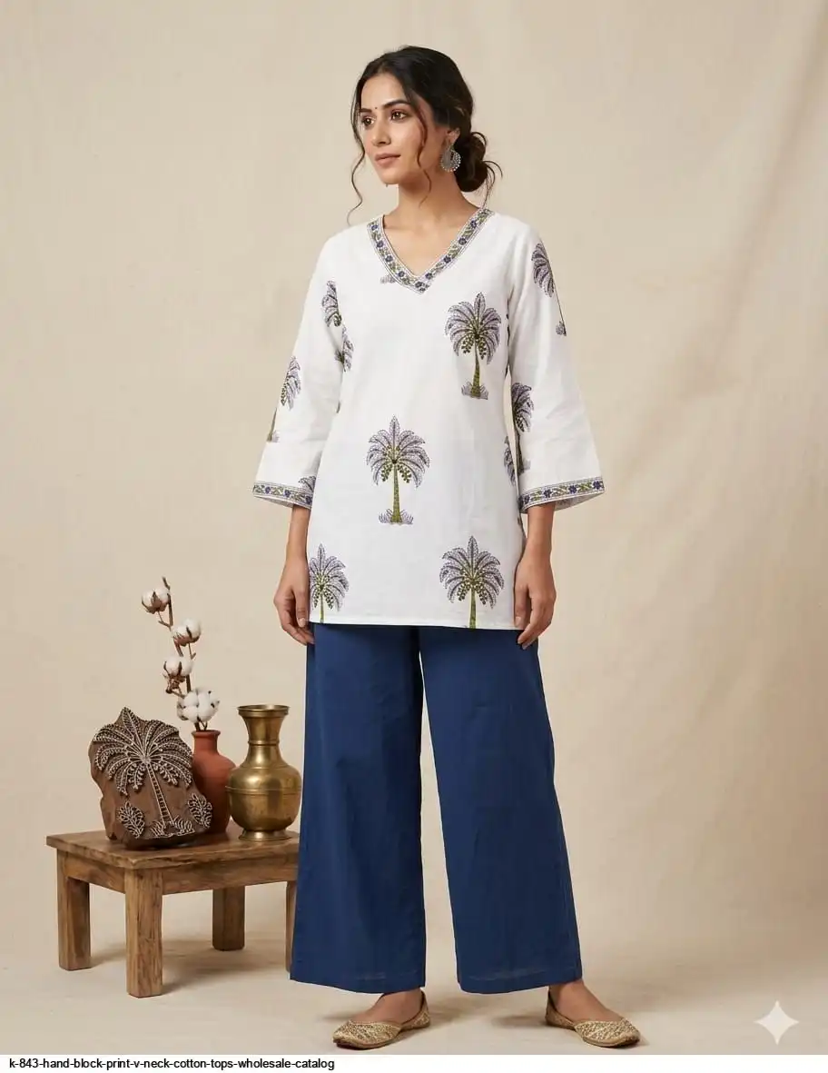 K 843 HAND BLOCK PRINT V NECK COTTON TOPS WHOLESALE CATALOG E