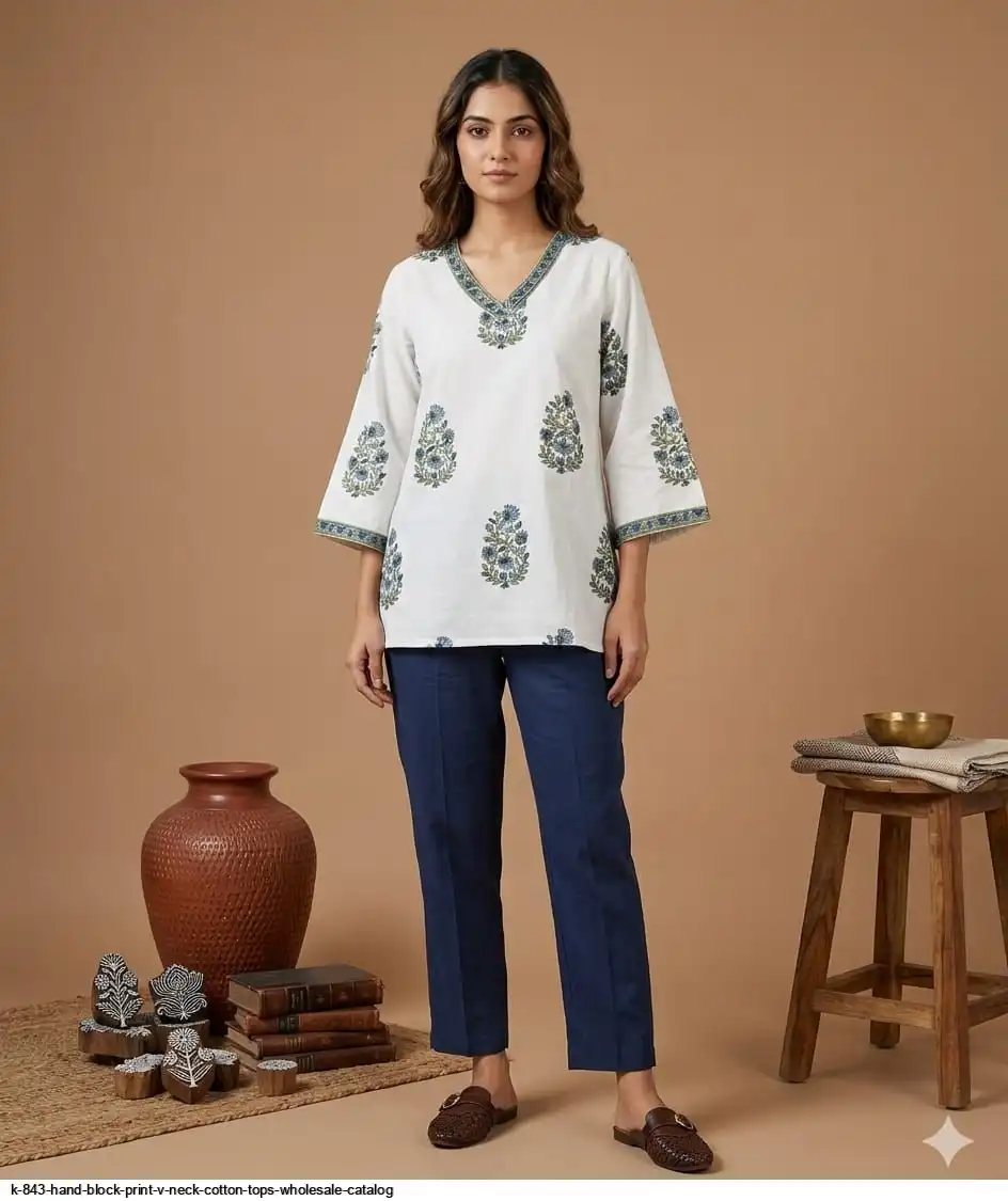 K 843 HAND BLOCK PRINT V NECK COTTON TOPS WHOLESALE CATALOG F
