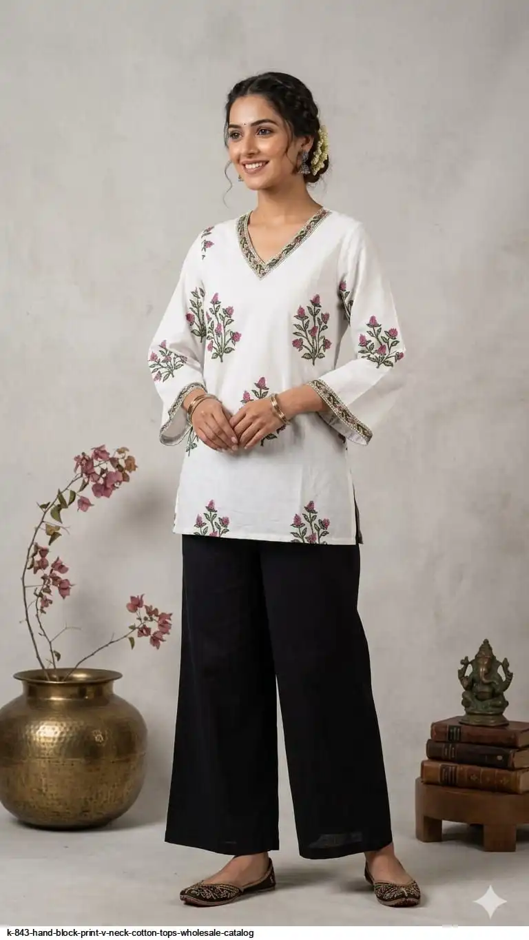 K 843 HAND BLOCK PRINT V NECK COTTON TOPS WHOLESALE CATALOG G