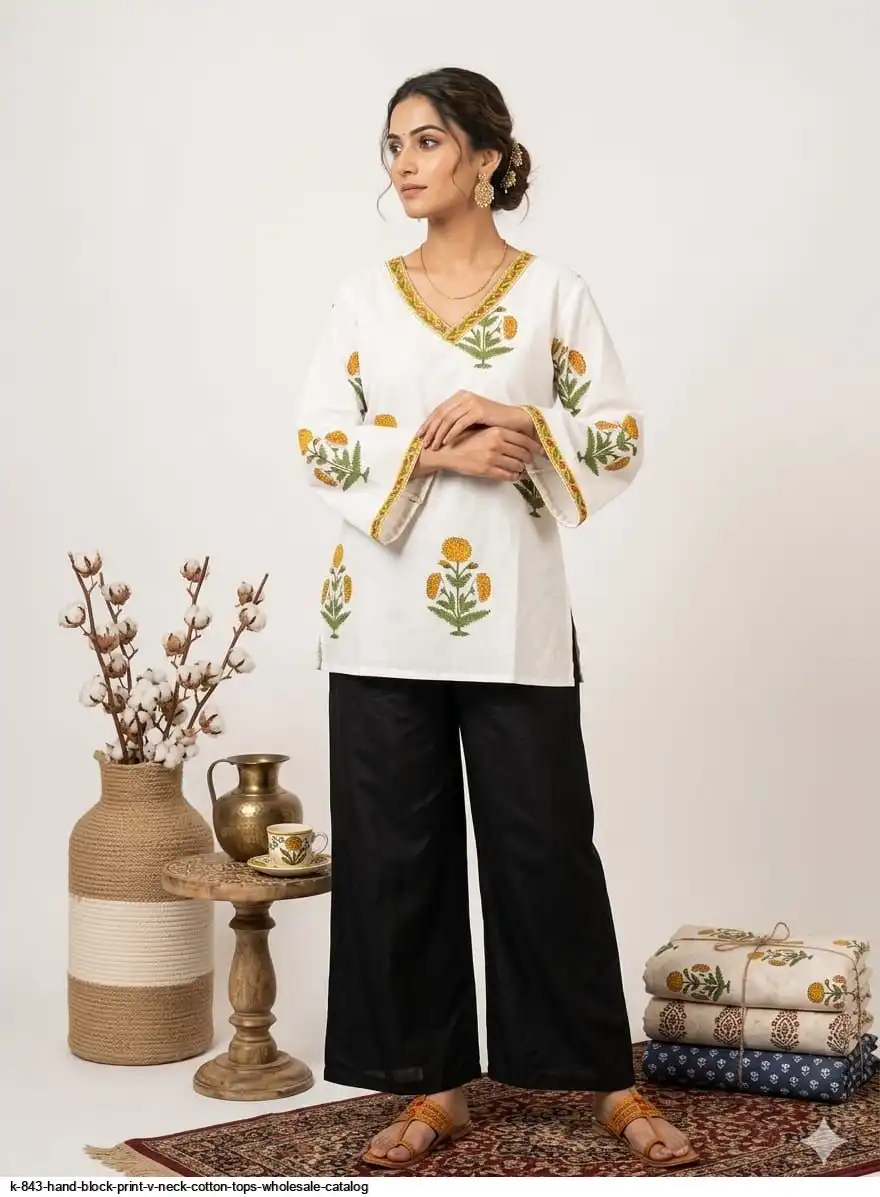 K 843 HAND BLOCK PRINT V NECK COTTON TOPS WHOLESALE CATALOG H