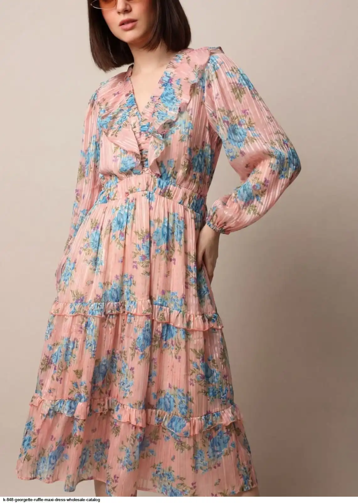 K 848 GEORGETTE RUFFLE MAXI DRESS WHOLESALE CATALOG A