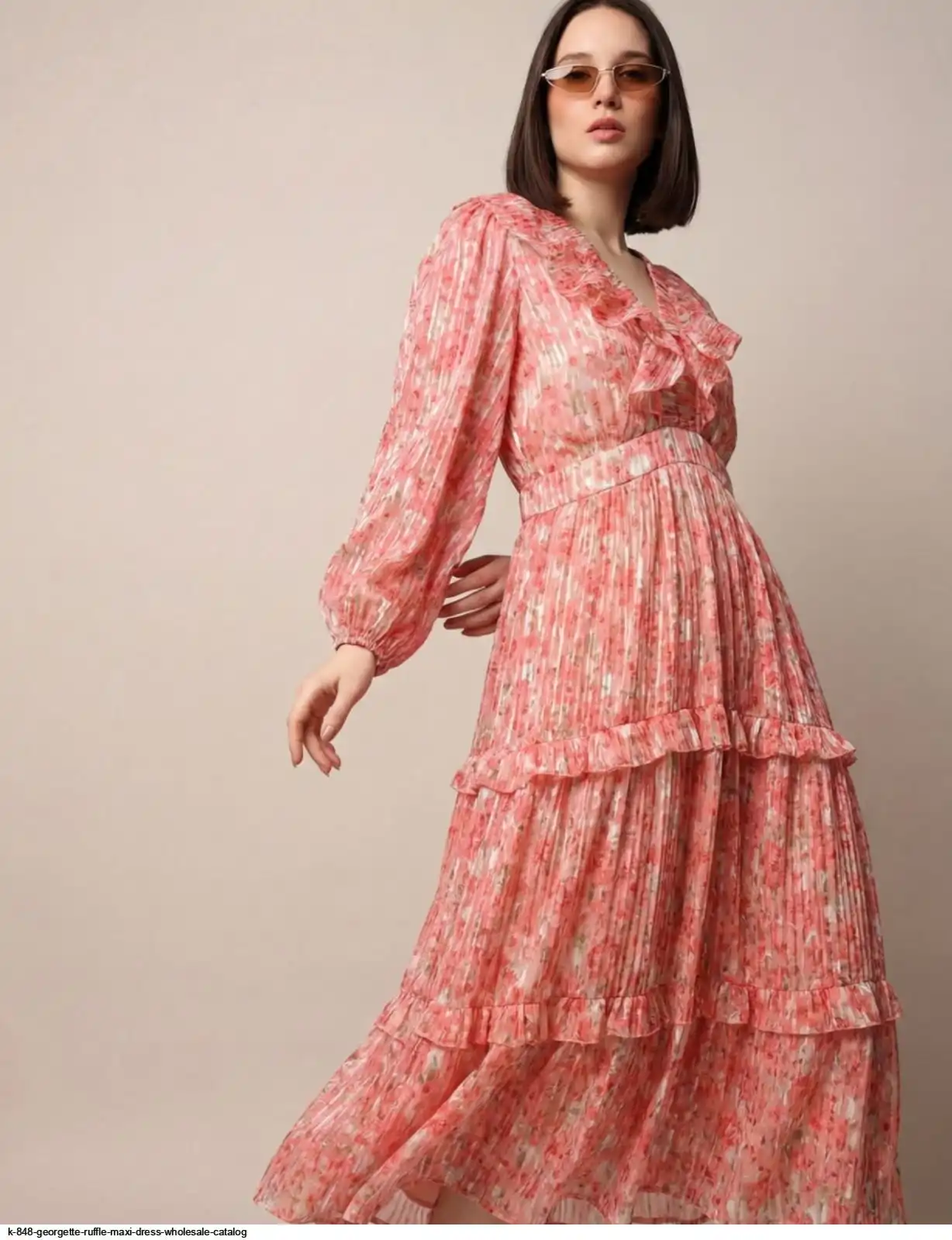 K 848 GEORGETTE RUFFLE MAXI DRESS WHOLESALE CATALOG C
