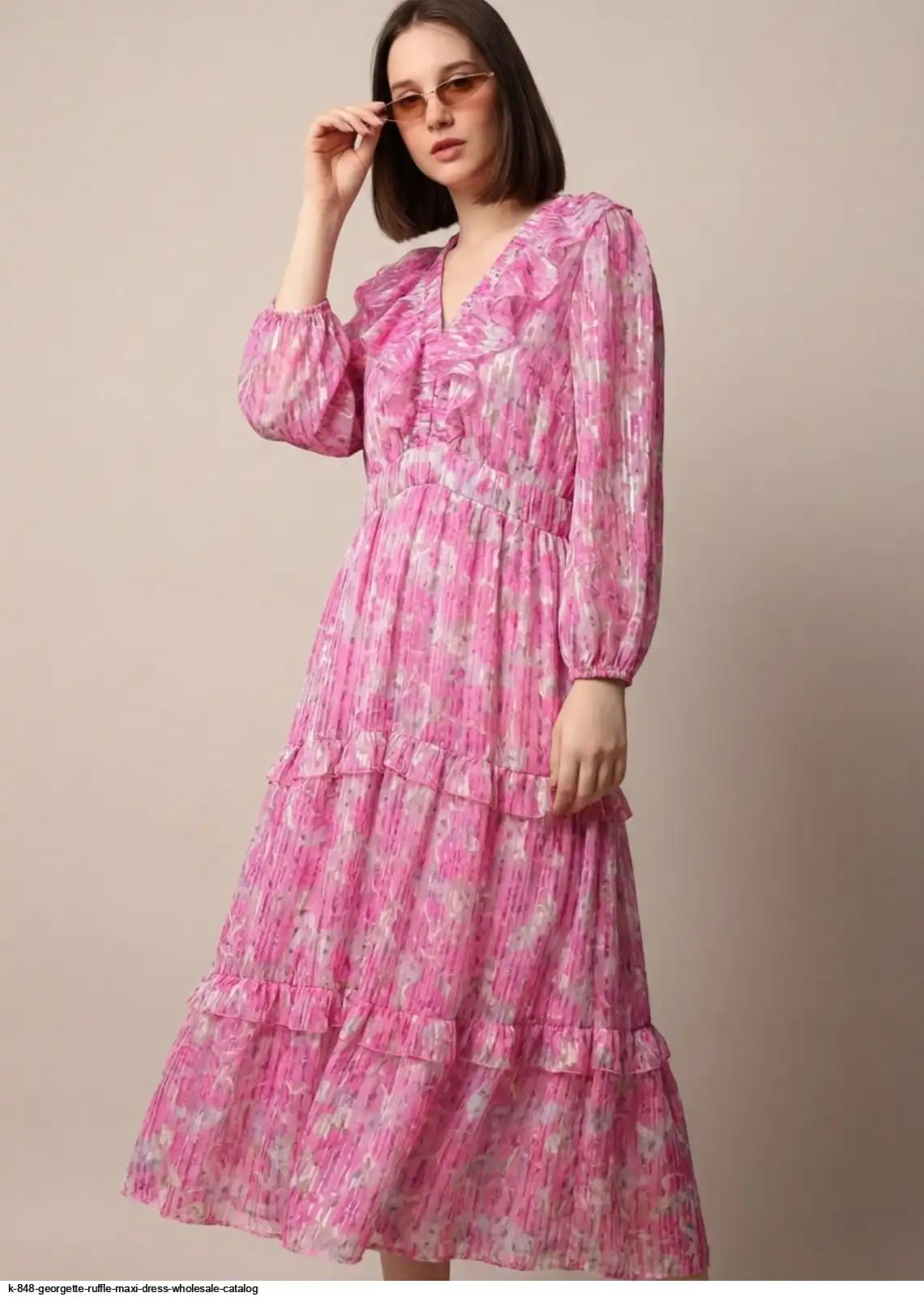 K 848 GEORGETTE RUFFLE MAXI DRESS WHOLESALE CATALOG D