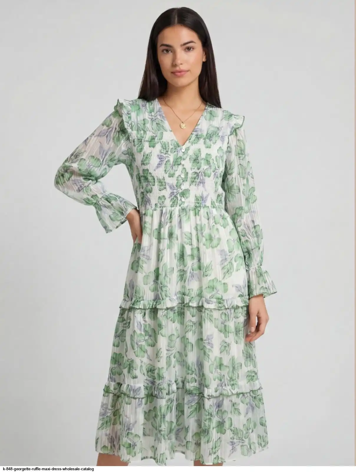 K 848 GEORGETTE RUFFLE MAXI DRESS WHOLESALE CATALOG H