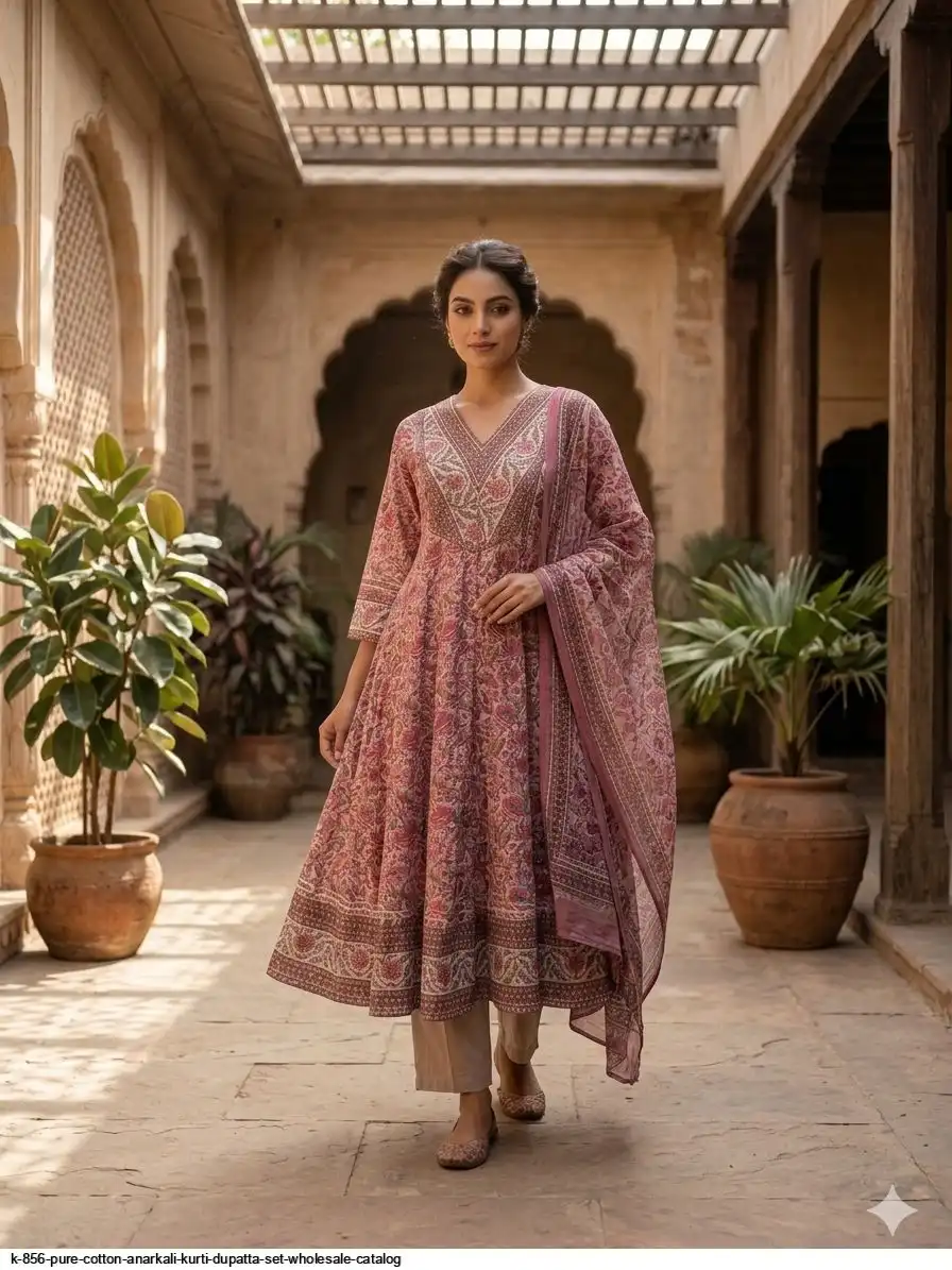 K 856 PURE COTTON ANARKALI KURTI DUPATTA SET WHOLESALE CATALOG A