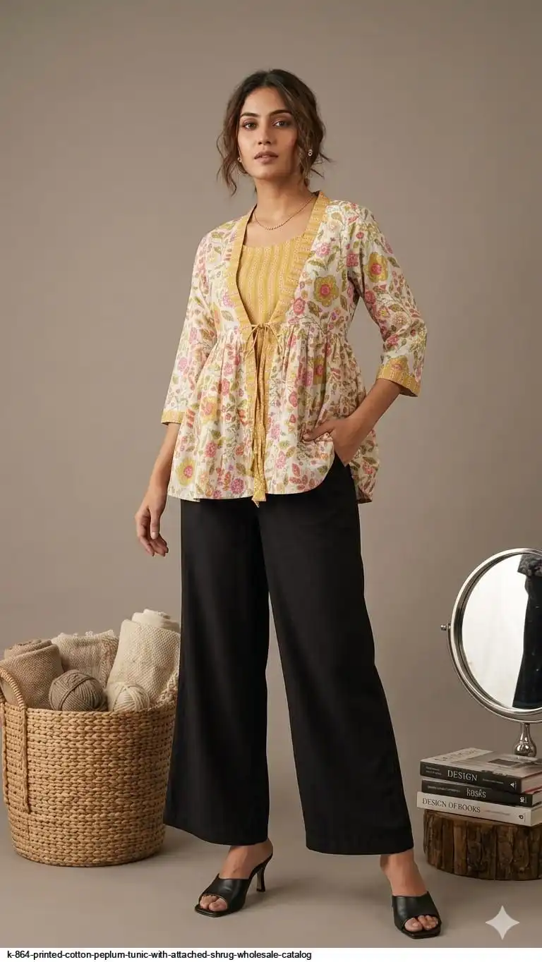 K 864 Printed cotton peplum tops with attached shrug Wholesale Catalog