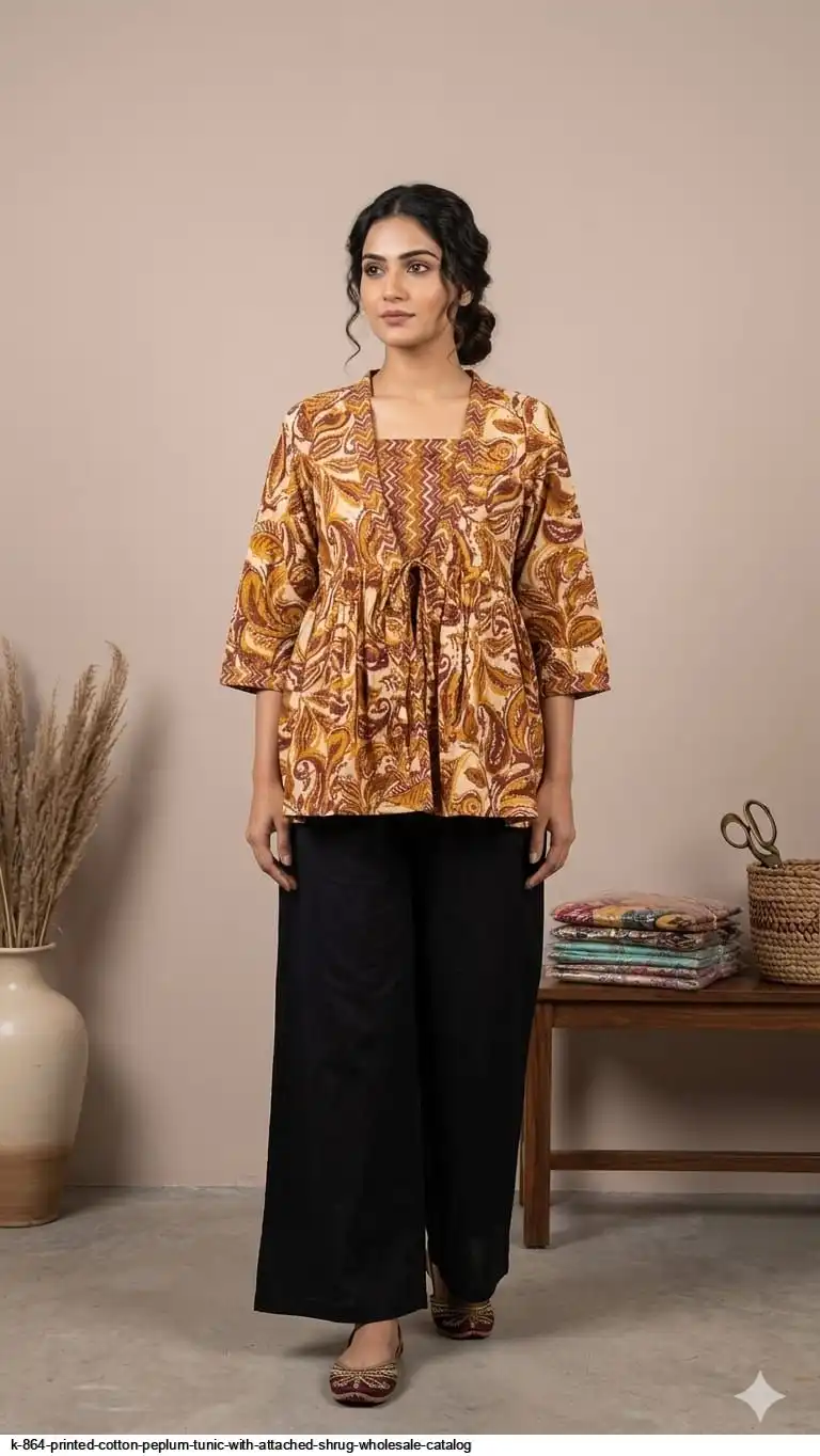 K 864 Printed cotton peplum tops with attached shrug Wholesale Catalog