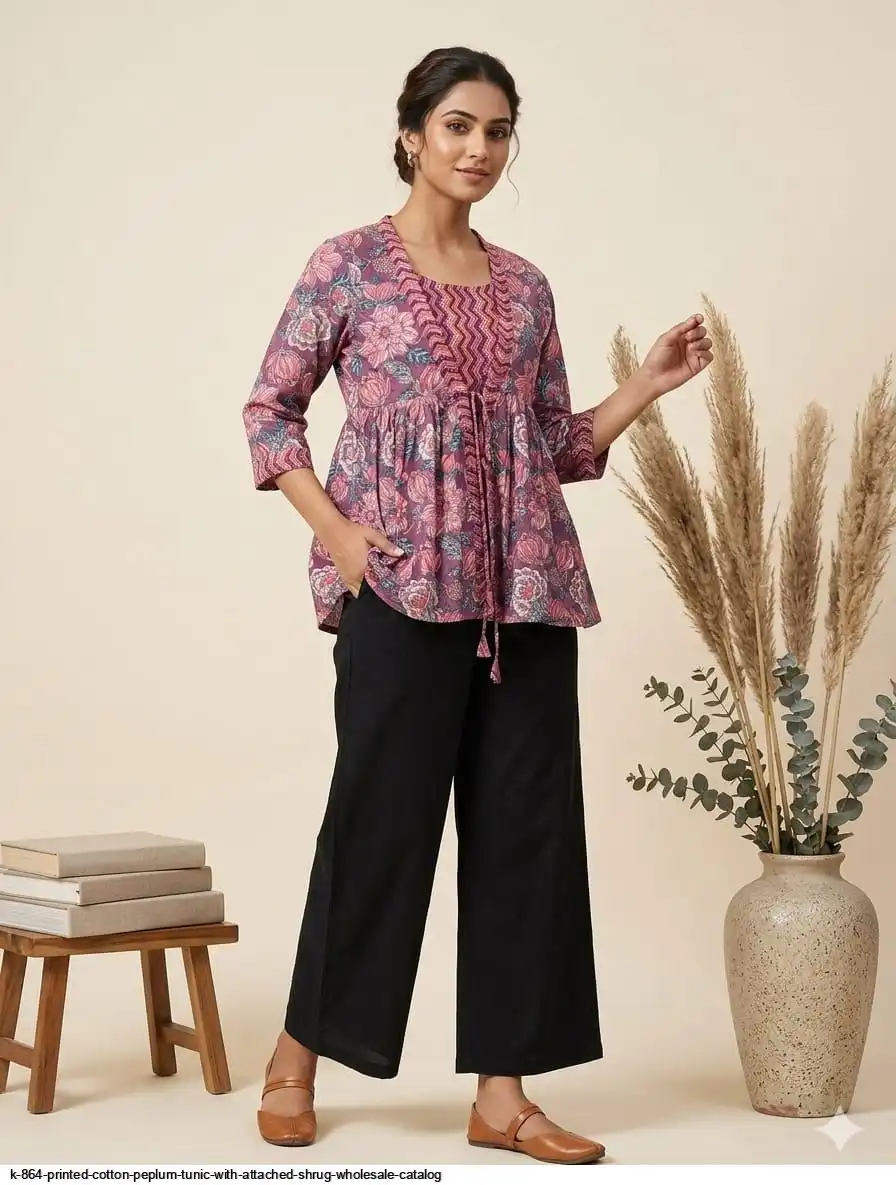 K 864 Printed cotton peplum tops with attached shrug Wholesale Catalog