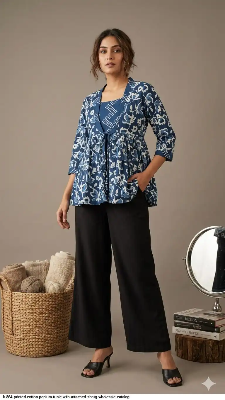 K 864 Printed cotton peplum tops with attached shrug Wholesale Catalog