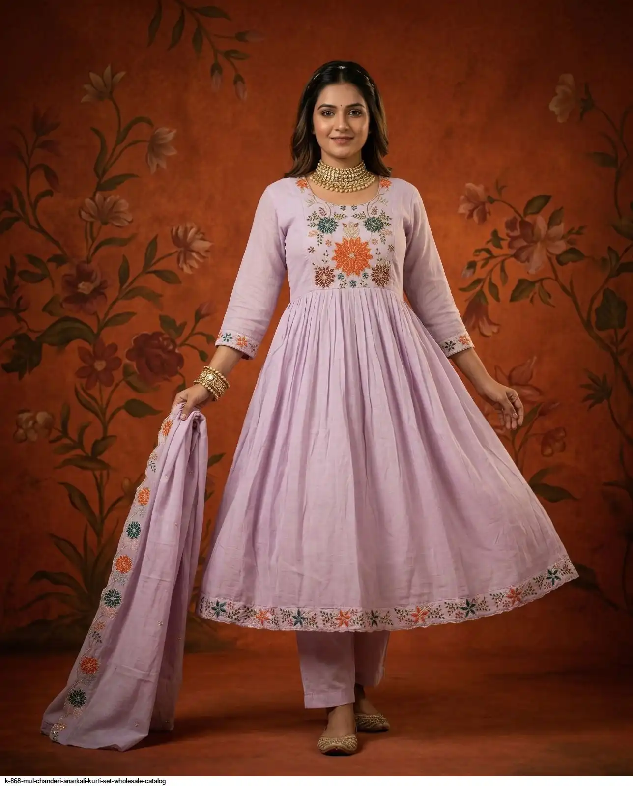 K 868 MUL CHANDERI ANARKALI KURTI SET WHOLESALE CATALOG A