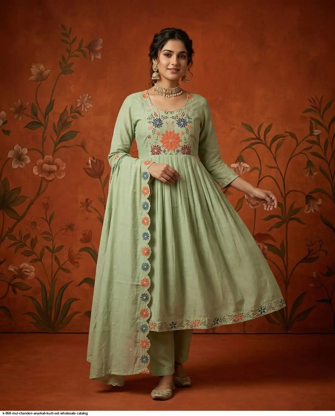 K 868 MUL CHANDERI ANARKALI KURTI SET WHOLESALE CATALOG B