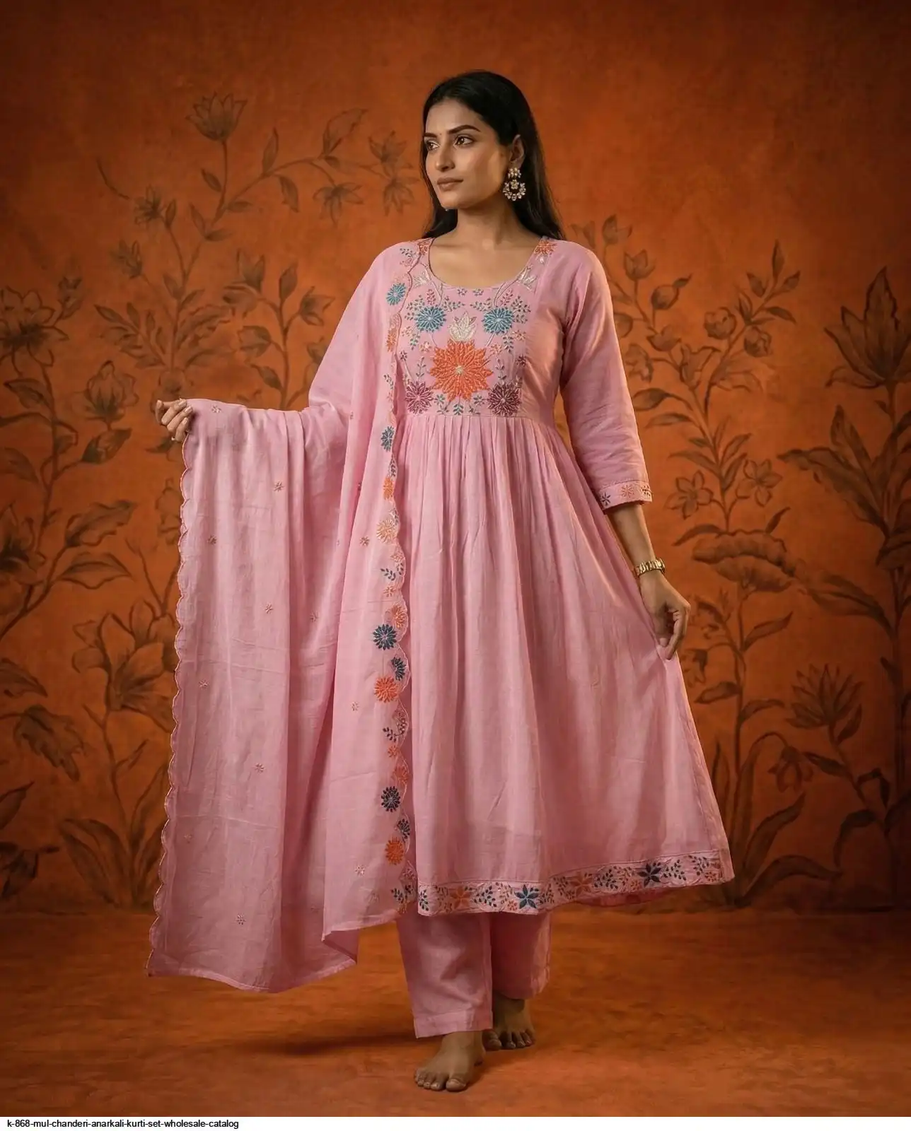 K 868 MUL CHANDERI ANARKALI KURTI SET WHOLESALE CATALOG C
