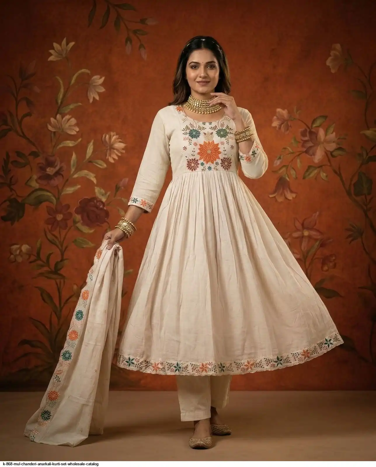 K 868 MUL CHANDERI ANARKALI KURTI SET WHOLESALE CATALOG D