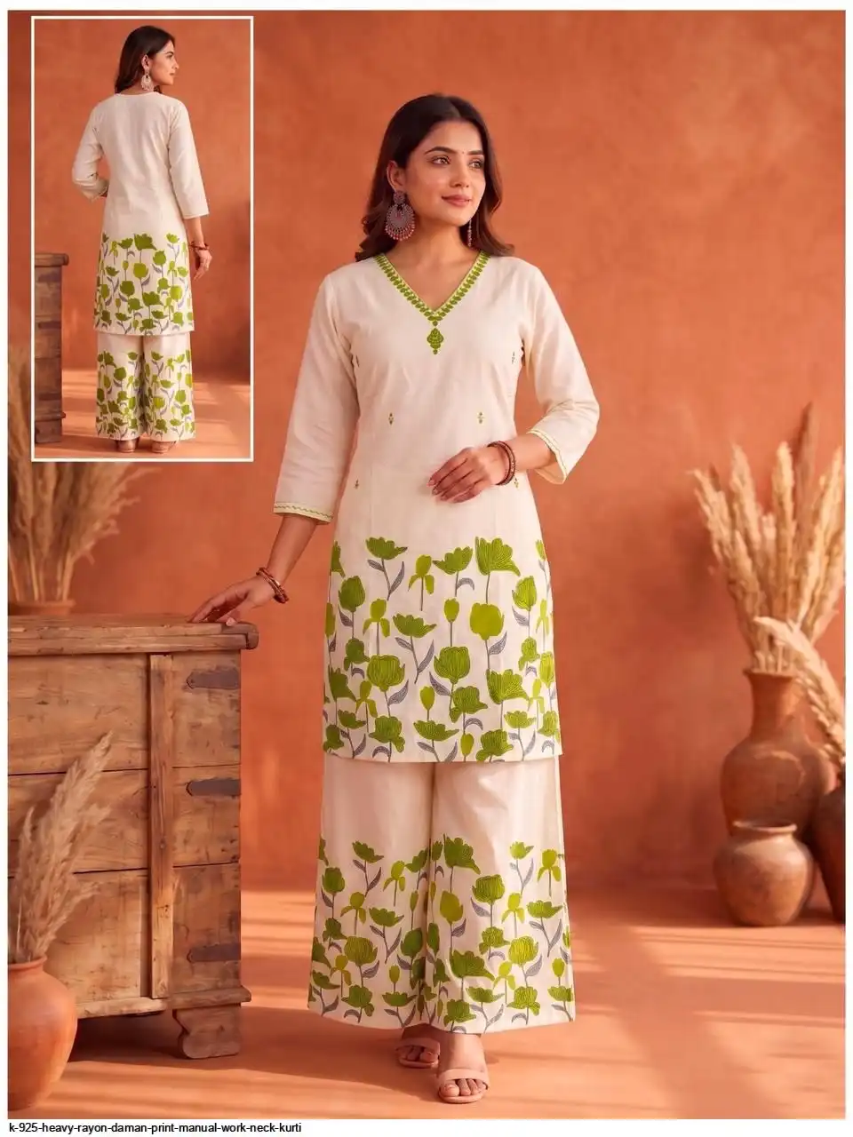 K 925 HEAVY RAYON DAMAN PRINT MANUAL WORK NECK KURTI 2