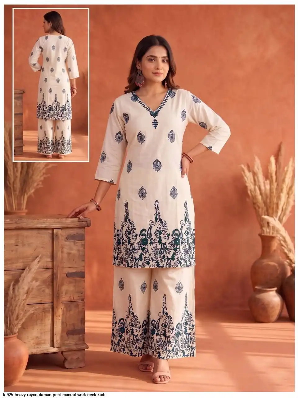 K 925 HEAVY RAYON DAMAN PRINT MANUAL WORK NECK KURTI 3