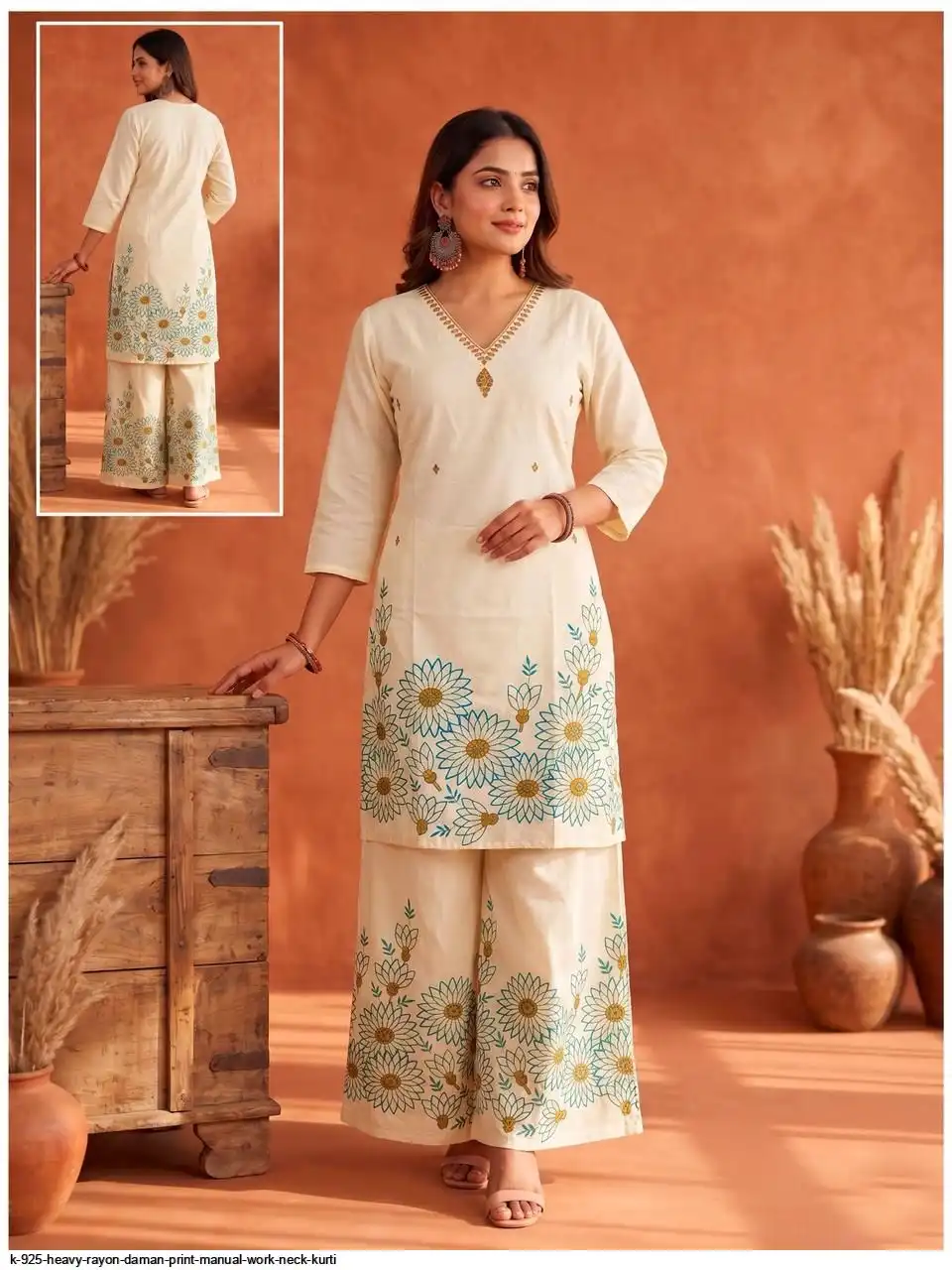 K 925 HEAVY RAYON DAMAN PRINT MANUAL WORK NECK KURTI 5