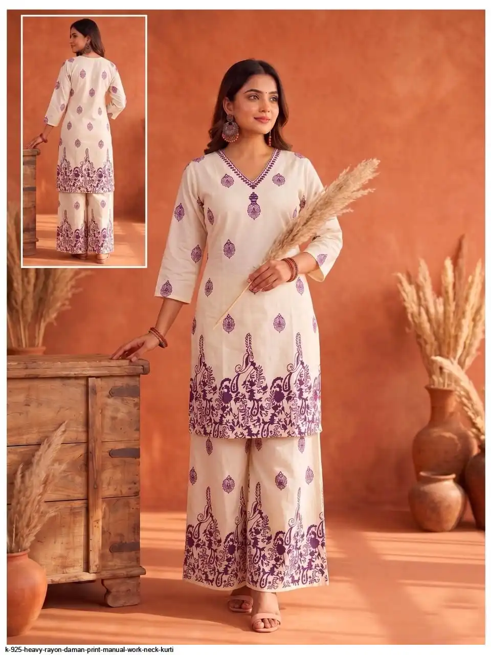 K 925 HEAVY RAYON DAMAN PRINT MANUAL WORK NECK KURTI 4