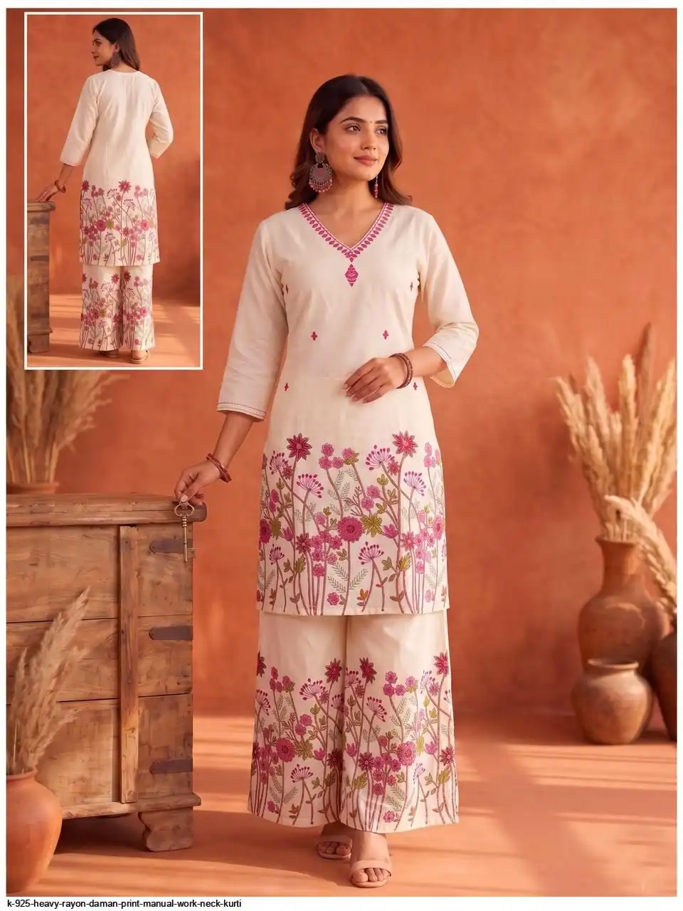 K 925 HEAVY RAYON DAMAN PRINT MANUAL WORK NECK KURTI 6