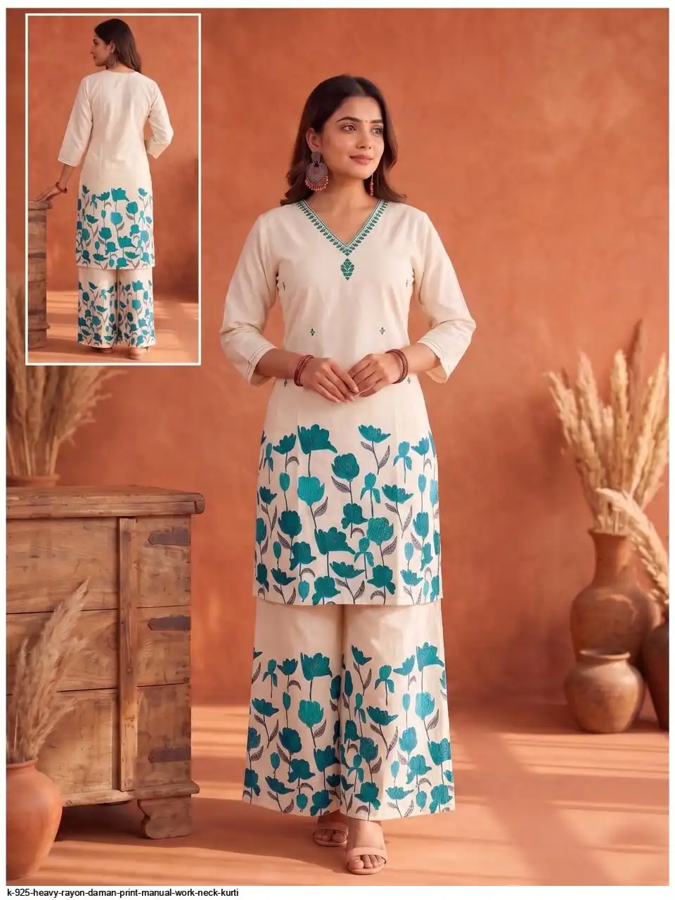 K 925 HEAVY RAYON DAMAN PRINT MANUAL WORK NECK KURTI 7