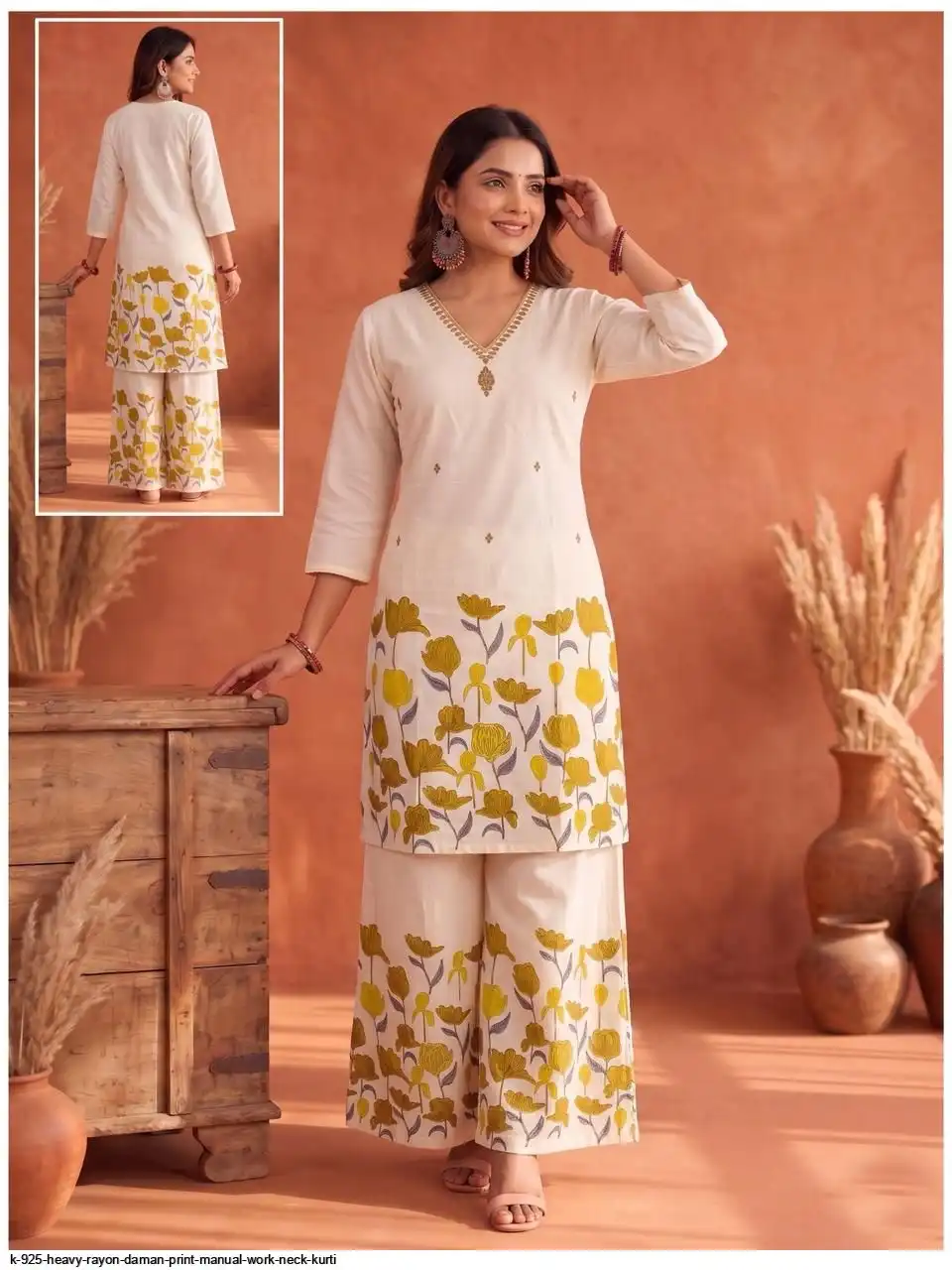 K 925 HEAVY RAYON DAMAN PRINT MANUAL WORK NECK KURTI 8
